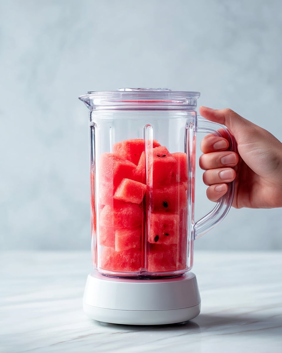 A clear glass blender jar filled halfway with red watermelon chunks and juice, showing some black watermelon seeds inside. The blender has a white base and a white lid with a transparent center cap. A woman's hand grips the clear handle on the right side, holding the blender steady. The whole scene sits on a white marbled surface with a soft background blur. photo taken with an iphone --ar 4:5 --v 7