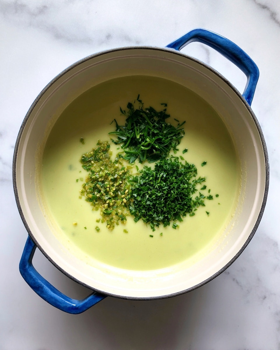 A top view of a white round pot with blue handles filled with smooth light green soup. On top of the soup, there are two small piles of fresh chopped green herbs placed side by side, one pile slightly more spread out and the other pile more finely ground. The pot is on a white marbled surface. Photo taken with an iphone --ar 4:5 --v 7