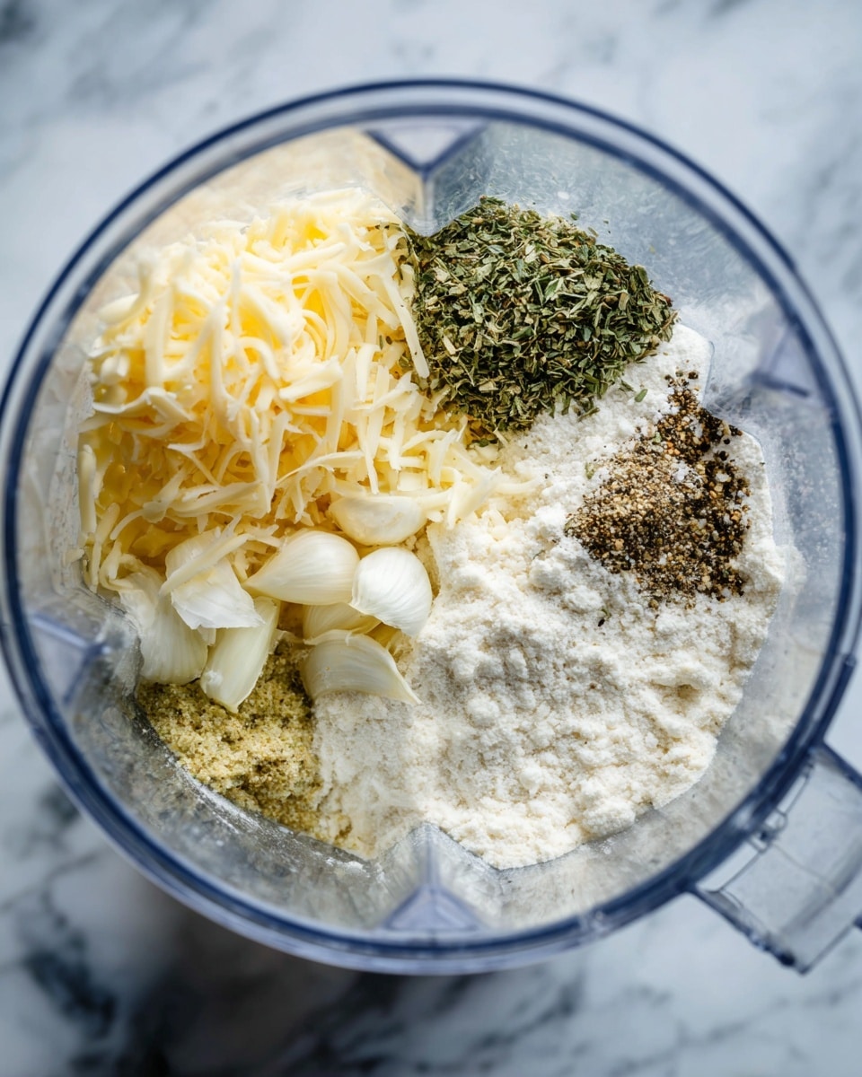 The image shows a clear blender container placed on a white marbled surface. Inside the blender, there are several separate layers of different ingredients: a pile of shredded pale yellow cheese on the bottom left, next to a cluster of finely minced garlic which is light brownish-yellow, a heap of white powder (likely flour) covering most of the base, a grouping of finely chopped green herbs on the top left, and a portion of ground black pepper on the top right. All these ingredients are arranged separately and clearly visible inside the blender container. Photo taken with an iphone --ar 4:5 --v 7