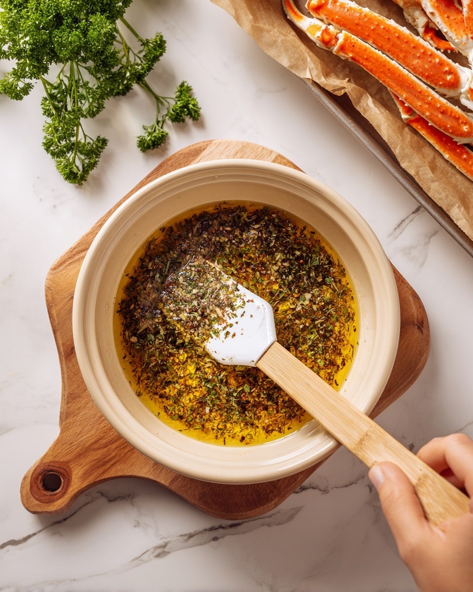 A close-up top view shows a beige mixing bowl placed on a white marbled cutting board. Inside the bowl, there is a mixture of oil and visible herbs and spices, creating a textured layer with greens and browns floating in a yellow liquid. A white silicone spatula with a wooden handle stirs the mixture, held by a woman's hand at the bottom right corner. To the top right edge, there is part of a white tray lined with brown paper holding long orange crab legs. Some green parsley leaves hang over the top left corner. The whole scene is on a white marbled surface. photo taken with an iphone --ar 4:5 --v 7