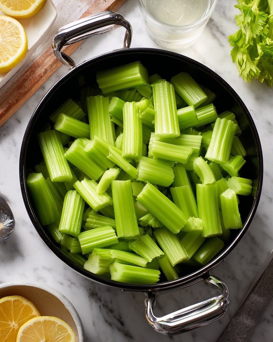 The image shows a black metal colander full of fresh celery sticks cut into medium-sized pieces. The celery is bright green with crisp edges and light green inner ribs, filling the colander evenly. The colander has two shiny metal handles, placed on a white marbled surface. Around the colander, you can see a blender part with sharp blades, a white bowl with lemon slices, and a glass with a white liquid, adding a kitchen preparation vibe. photo taken with an iphone --ar 4:5 --v 7