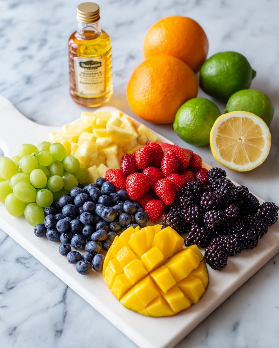 A white cutting board on a white marbled surface holds an arrangement of fresh fruit and whole citrus. From left to right are a pile of dark blue blueberries, a layer of yellow pineapple cubes, a cluster of green grapes in the center, a pile of sliced red strawberries, a group of yellow mango chunks, and a row of dark blackberries on the far right. Behind the fruit are three whole citrus fruits: an orange, a lime, and a lemon. A bottle of honey with a yellow label stands upright behind the cutting board near the center. Photo taken with an iphone --ar 4:5 --v 7