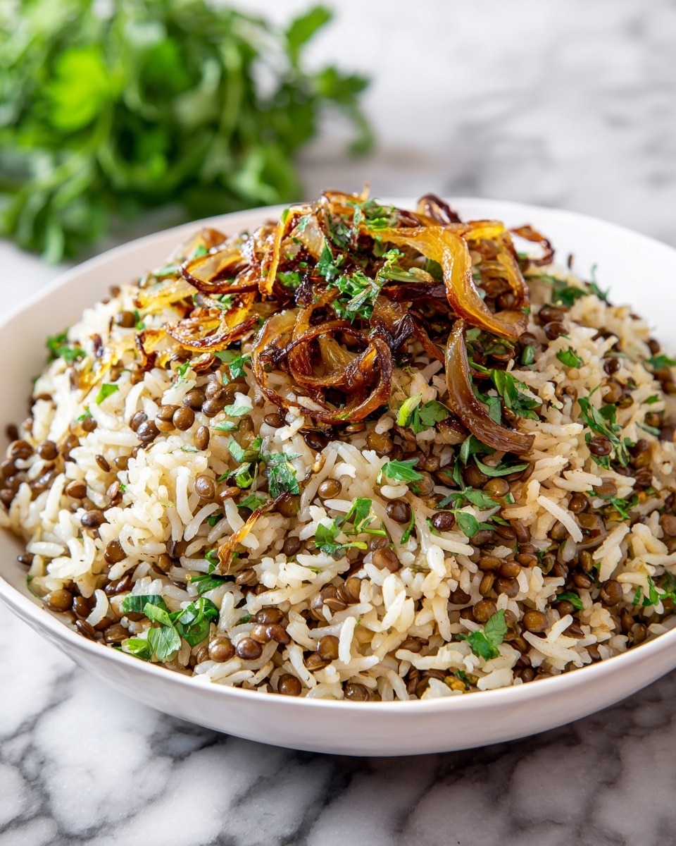 A mound of cooked rice mixed with small brown lentils sits in a white bowl, showing a mix of light beige and brown colors. Thin, golden caramelized onion slices are layered on top and throughout the rice, giving a shiny texture. Small bits of fresh green herbs are sprinkled over all, adding bright green spots. The bowl is on a white marbled surface, and a bunch of fresh green herbs is softly blurred in the background. photo taken with an iphone --ar 4:5 --v 7