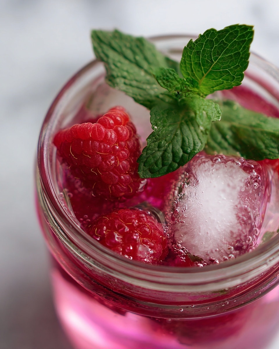 A close-up view of a clear jar filled with a bright pink liquid, containing several ice cubes. Floating within the jar are a fresh red raspberry with visible small droplets, and vibrant green mint leaves resting on top. The background shows a softly blurred white marbled surface. photo taken with an iphone --ar 4:5 --v 7