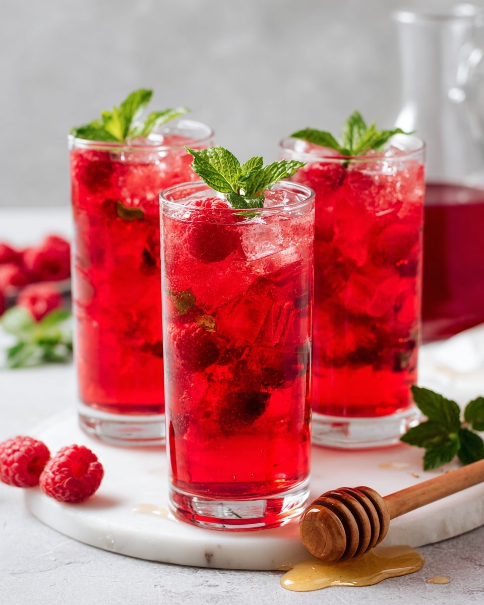 The image shows three clear tall glasses filled with bright red iced drink with visible ice cubes and pieces of raspberries inside. Each glass is topped with fresh green mint leaves. The glasses are placed on a white marbled surface, and near them is a wooden honey dipper with honey dripping on the surface. In the background, there is a clear glass carafe partially filled with the same red drink, slightly out of focus. The scene has a fresh and cool feeling, with bright natural light. photo taken with an iphone --ar 4:5 --v 7