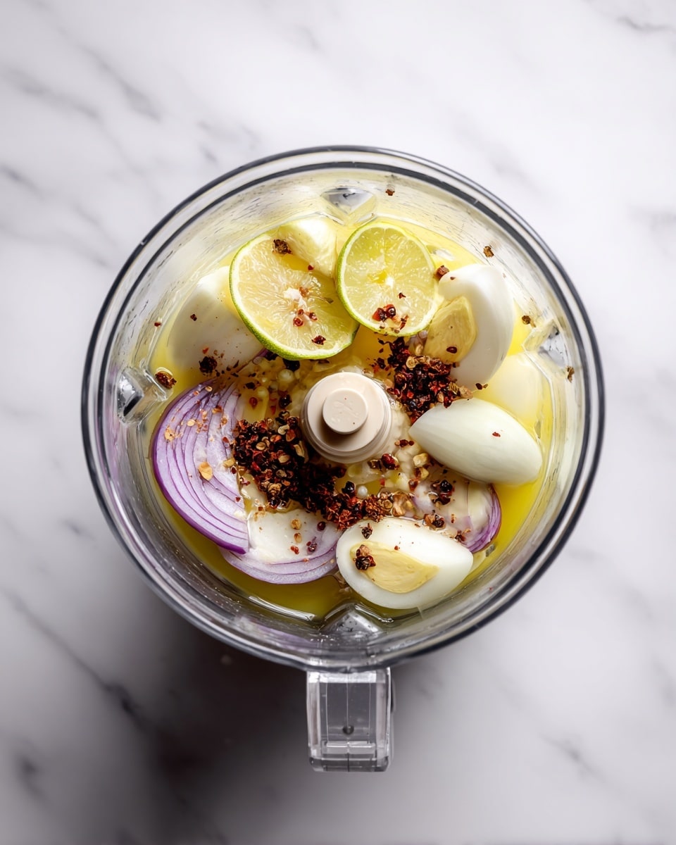 The image shows the inside of a clear blender jar on a white marbled surface. Inside the blender, there are several ingredients layered loosely: at the bottom, a yellowish liquid with a clear oil texture; above this, slices of white onions with light purple rings; to the side, small brown dried chili peppers; and on top, two halves of yellow lime with pale green edges. The blender blade is visible in the center, sitting just below the layers of ingredients. The photo taken with an iphone --ar 4:5 --v 7