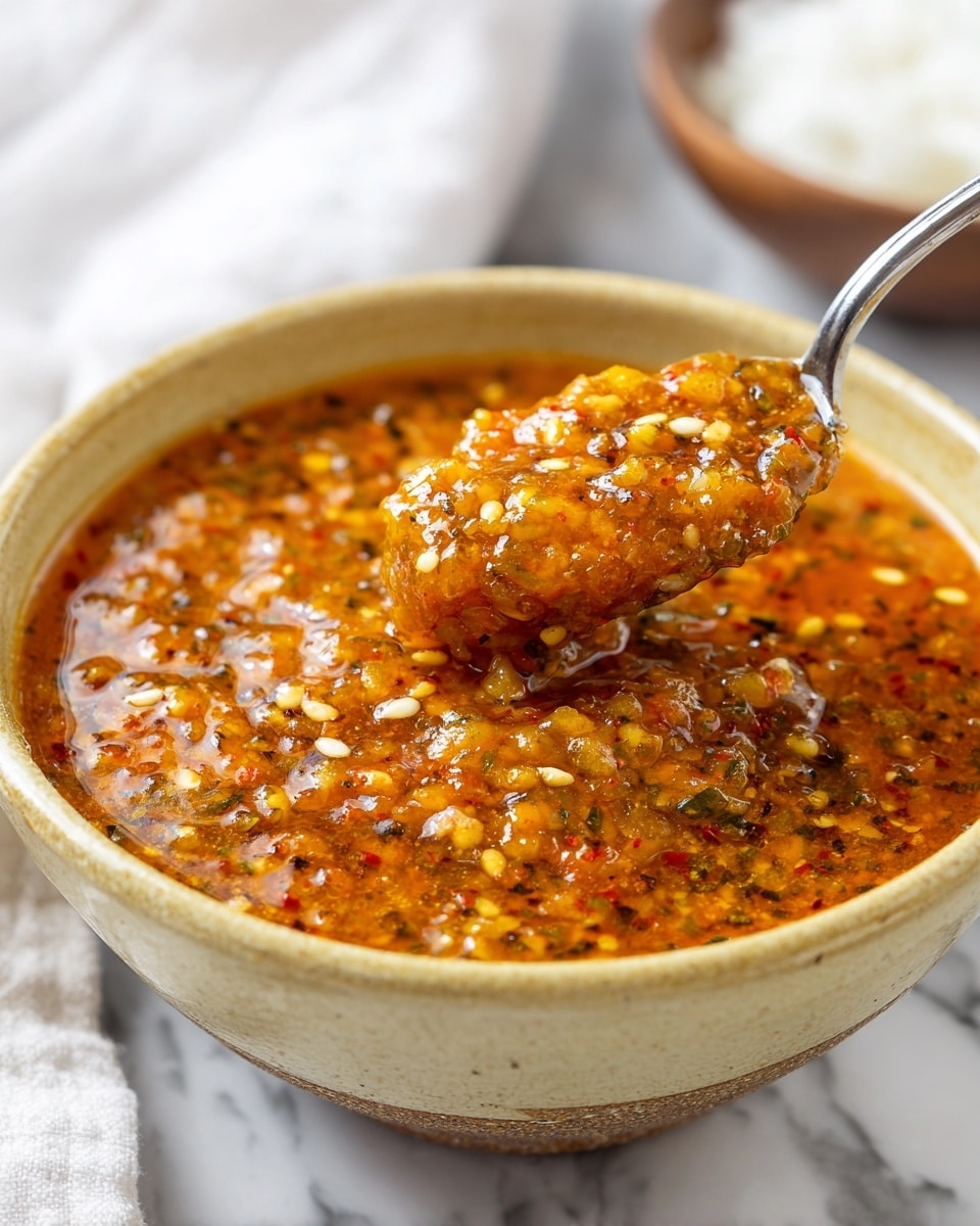 A close-up view of a thick, orange-brown sauce with visible white seeds and small dark specks inside a worn yellow ceramic bowl, held slightly above the bowl by a metal spoon. The sauce is chunky and textured, filling the bowl nearly full. The bowl is set on a white marbled surface, with a blurred white cloth and a bowl of white substance in the background. Photo taken with an iphone --ar 4:5 --v 7