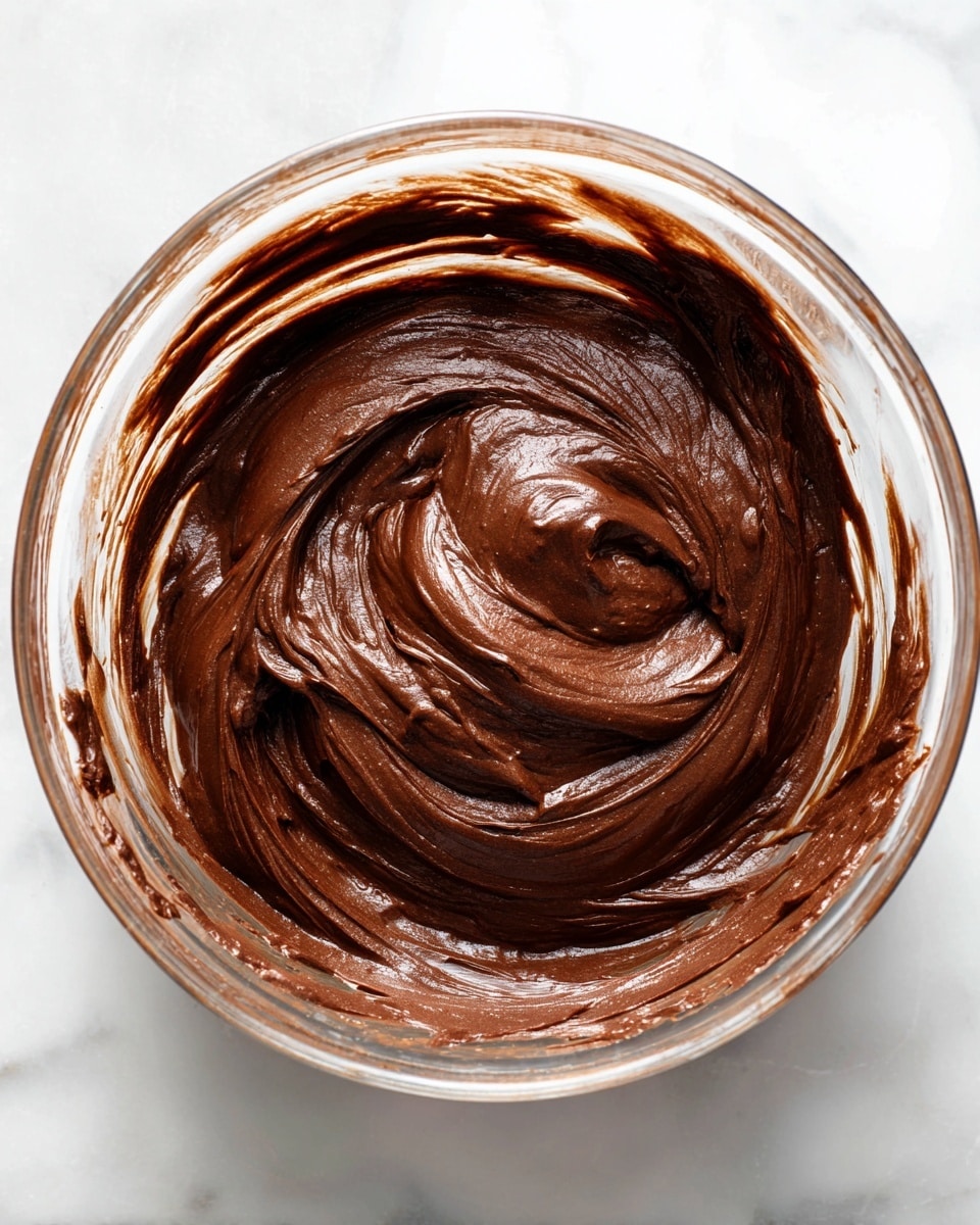 A close-up view inside a clear glass bowl filled with smooth, rich chocolate batter. The batter has a thick, creamy texture with soft swirls and folds, showing a glossy dark brown color. The sides of the bowl have streaks of the chocolate mixture, some thicker, some thinner, blending slightly into the transparent glass. The bowl sits on a white marbled surface, giving a clean and bright background to the deep chocolate color. photo taken with an iphone --ar 4:5 --v 7
