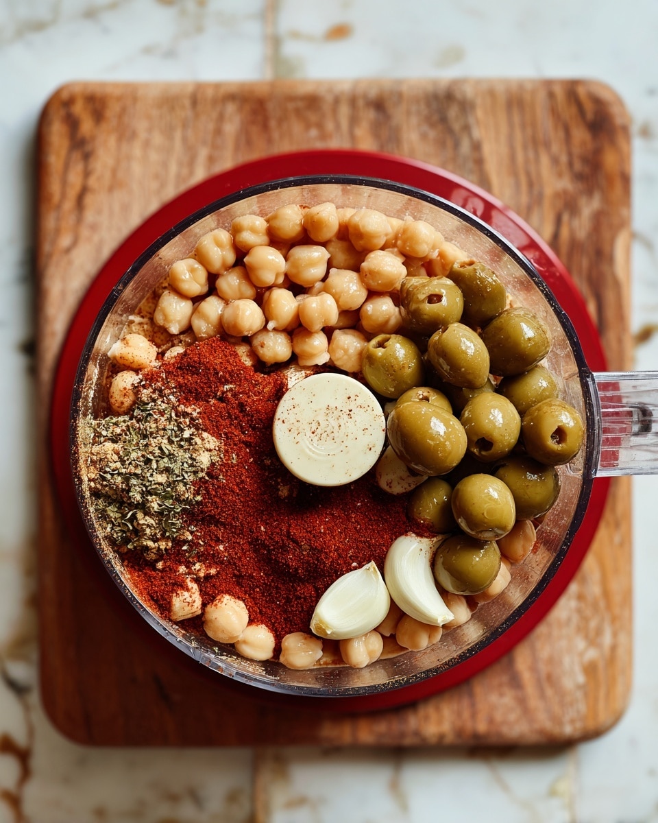 A top view of a food processor with a clear bowl on a red base, sitting on a wooden cutting board. Inside the bowl, there are three layers: a bottom layer of beige chickpeas filling most of the space, a cluster of green olives on the right side, and a sprinkling of reddish-brown spice powder with a few white garlic cloves on the left side. The surface around the cutting board is white marble with faint brown spots. photo taken with an iphone --ar 4:5 --v 7