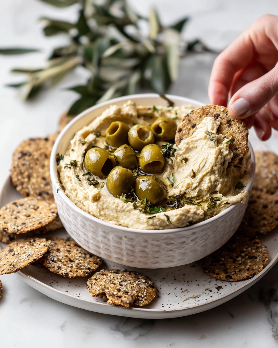 A white bowl filled with creamy hummus topped with several green olive slices, sitting on a white plate with a textured pattern, placed on a white marbled surface. Around the bowl are seeded crackers scattered on the surface. A woman's hand is holding one seeded cracker with a thick layer of hummus spread on it near the top right of the bowl. Some leafy green herbs are visible in the blurry background. Photo taken with an iphone --ar 4:5 --v 7