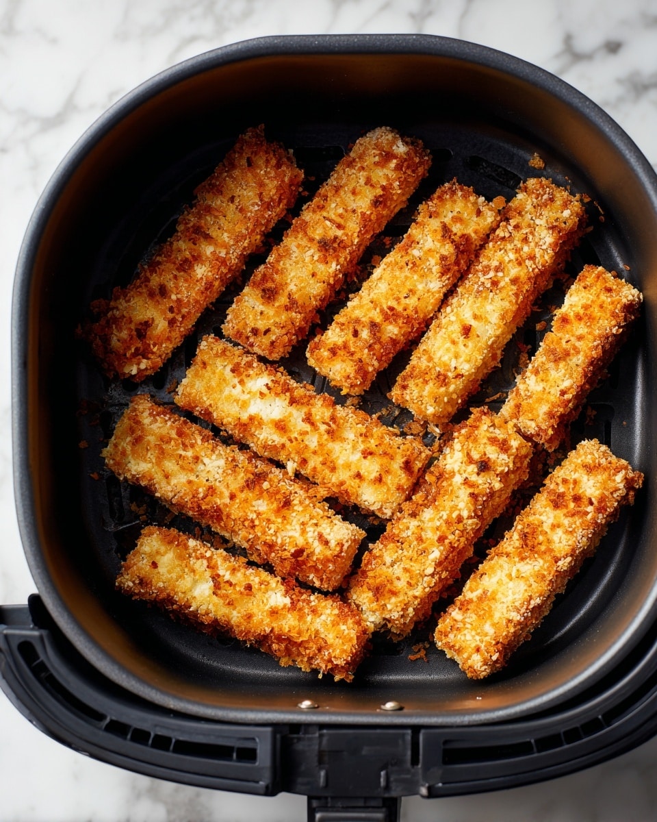 Several golden brown, breaded sticks are spread out inside a black air fryer basket. The sticks have a coarse, crumbly texture with a light orange and beige color. The basket sits inside a dark grey cooking pot, and the whole scene is set against a white marbled surface. The sticks are arranged in a way that fills the basket, with some overlapping slightly. Photo taken with an iphone --ar 4:5 --v 7