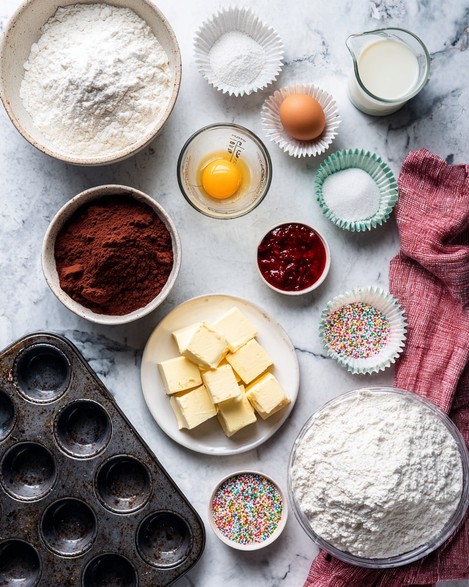 The image shows an overhead view of various baking ingredients placed on a white marbled surface. There is a large bowl of white powdered sugar at the bottom right, a smaller bowl of white flour at the top left, and a bowl of dark brown cocoa powder near the center. Butter pieces are arranged on a white plate slightly to the right of center. A glass bowl with a raw egg is positioned near the bottom right next to a pink cloth. Also visible are small bowls containing red paste, white granulated sugar, and rainbow sprinkles, along with a measuring cup with milk on the top right. Several empty white cupcake liners are placed on a black muffin tray at the bottom left and loose near the top center. The scene is well lit, and all items are spread out neatly, giving a clean and organized look. photo taken with an iphone --ar 4:5 --v 7