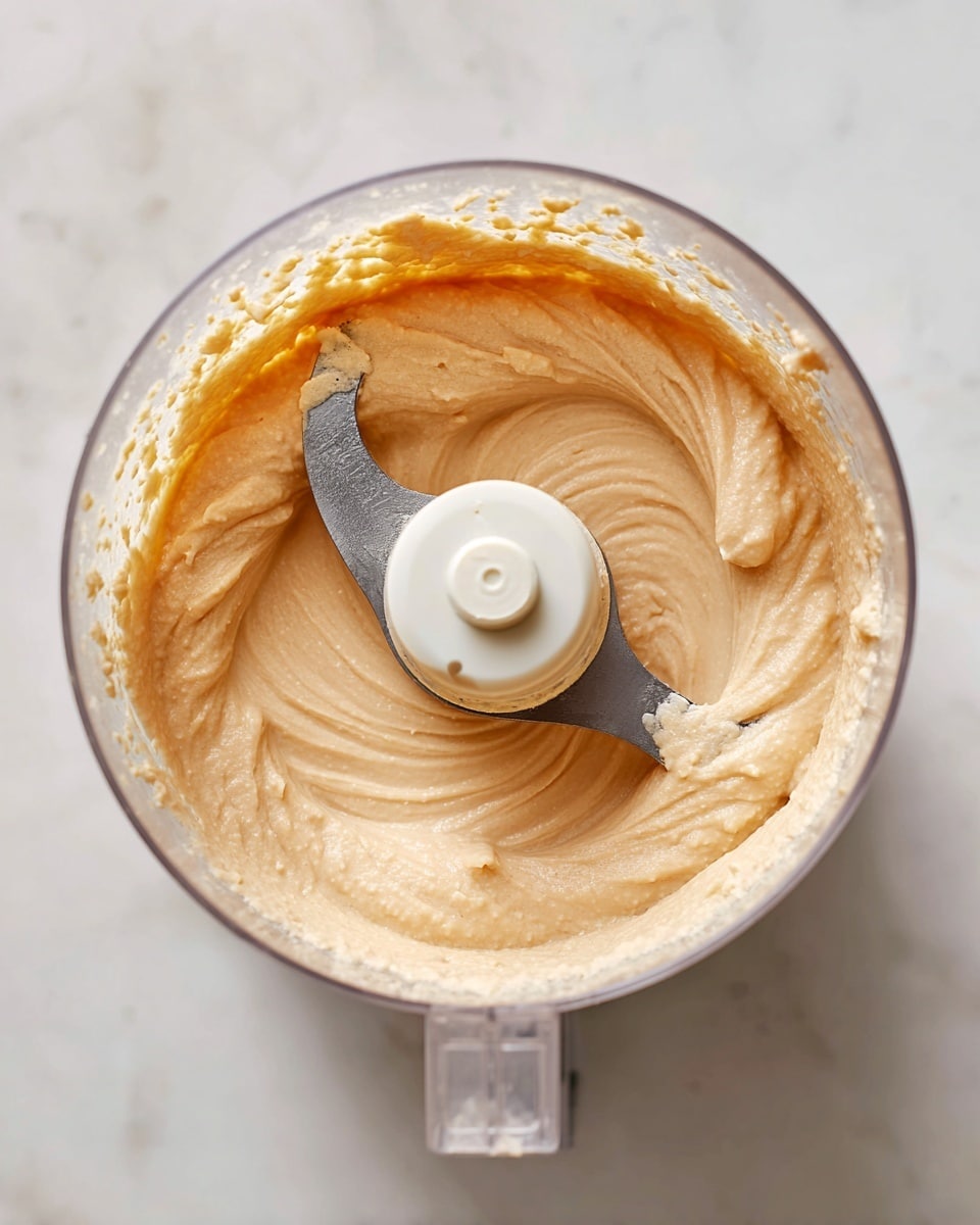 A close-up view of a food processor filled with light beige batter, showing a smooth and creamy texture inside a transparent bowl with a white plastic blade attachment in the center. The batter fills about three-quarters of the bowl, with some batter splashed on the sides. The food processor sits on a white marbled surface, and the image has a bright and clean look with soft lighting. photo taken with an iphone --ar 4:5 --v 7