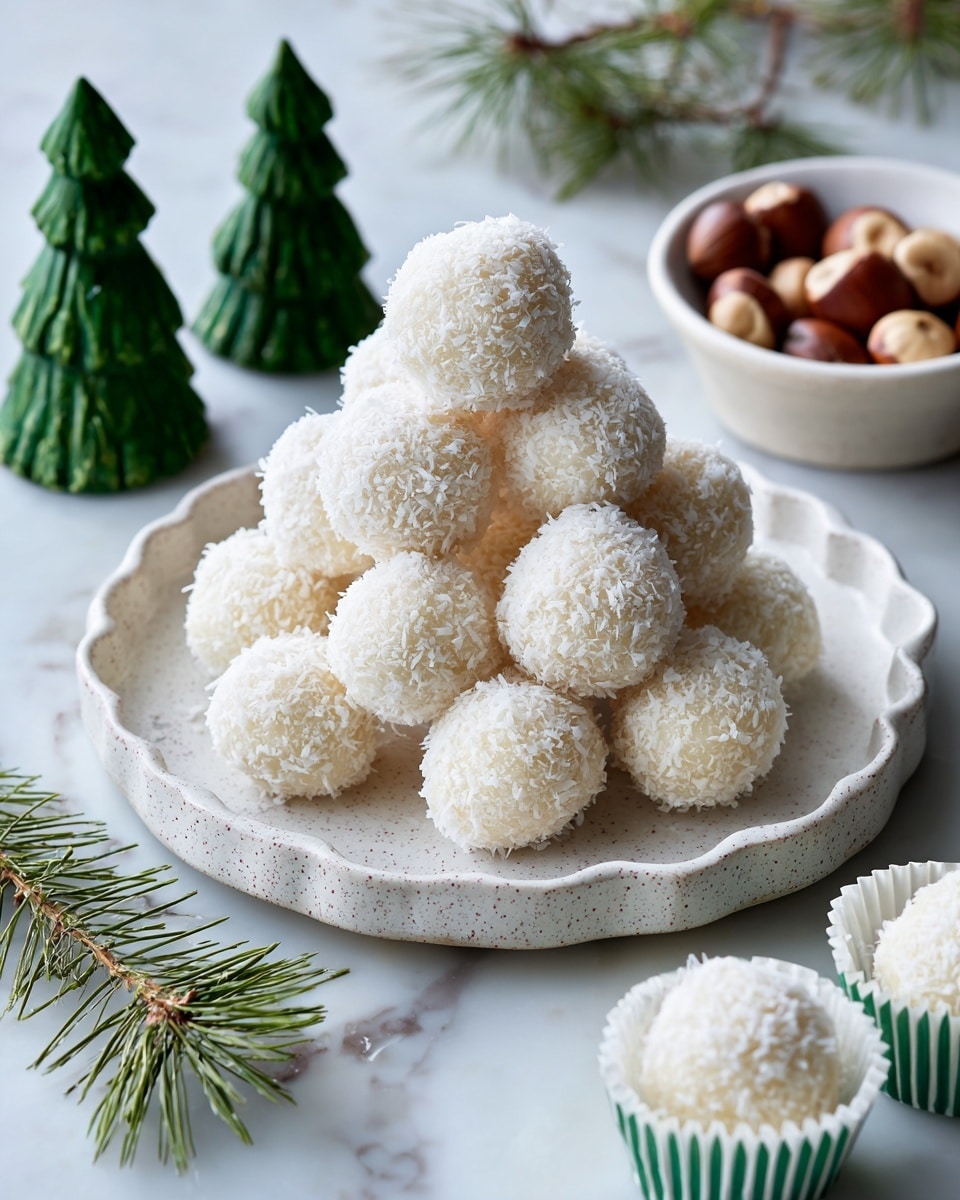 A pyramid of eight white balls covered in fine coconut flakes sits in the center of a white speckled plate with a scalloped edge; the coconut balls have a soft, fluffy texture. Around the plate, there are some green decorations shaped like Christmas trees and small branches of pine, placed on a white marbled surface. To the right, there is a white bowl holding hazelnuts, and in the front right corner, two coconut balls sit in green and white striped paper cups. The scene feels soft, bright, and festive. photo taken with an iphone --ar 4:5 --v 7