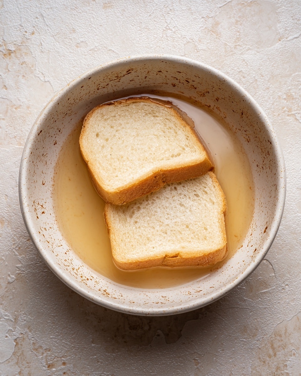 A white bowl with a white marbled texture surface holds a creamy light brown liquid. Two rectangular slices of white bread float on top, each with a soft, slightly spongy texture and a pale golden crust. The bread slices are placed side by side in the center of the bowl, partially soaking in the liquid. The edges of the bowl have a textured, slightly uneven brown pattern contrasting with the smooth liquid inside. photo taken with an iphone --ar 4:5 --v 7