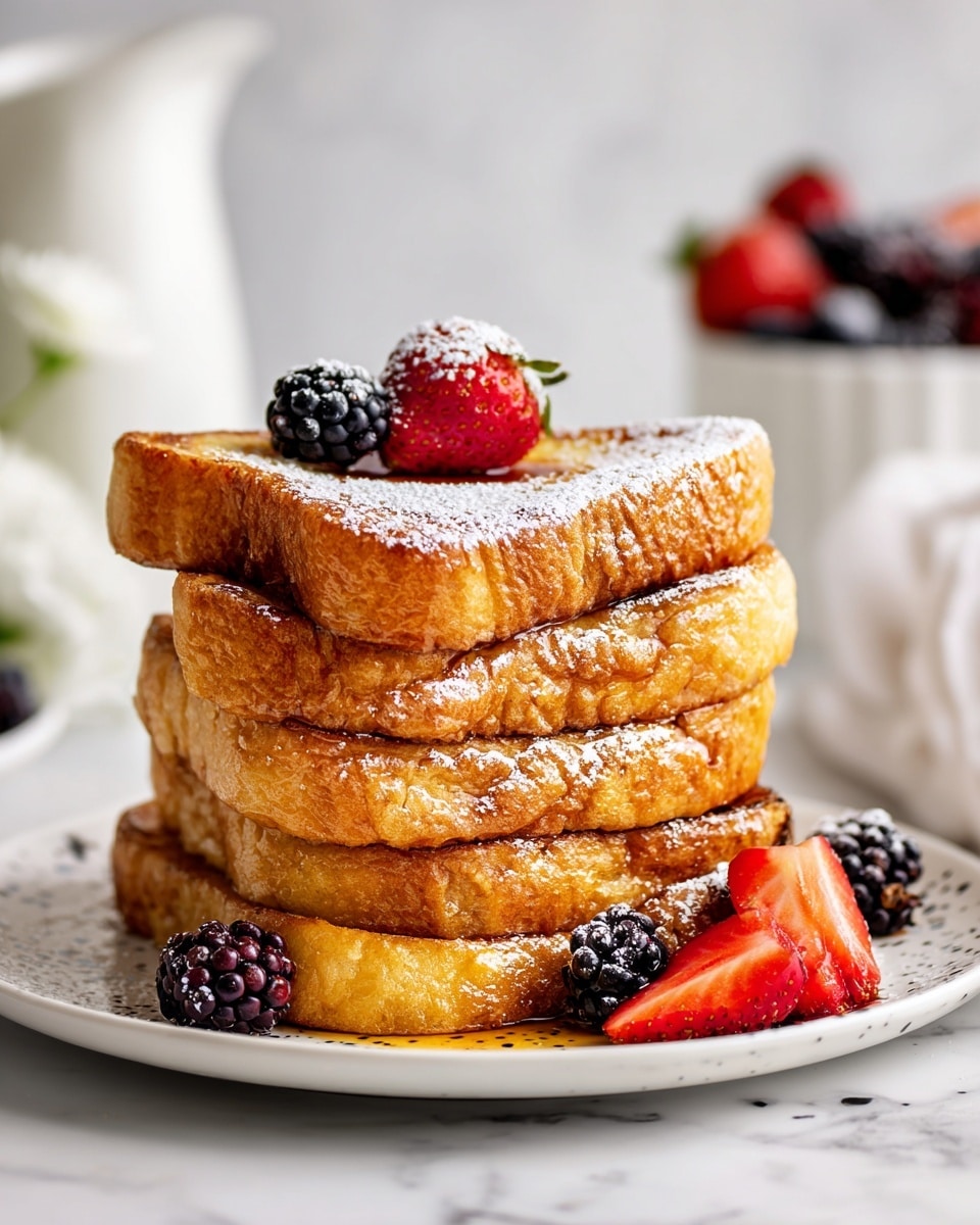 A stack of four thick, golden-brown slices of French toast sits on a white plate with small black specks, placed on a white marbled surface. The top slice has a light dusting of powdered sugar and is garnished with one red strawberry and two dark blackberries. Some more blackberries and a bit of sliced strawberry are visible on the plate around the stack. The background is soft and blurred, showing a white bowl filled with berries and a tall white container, creating a clean and bright scene. Photo taken with an iphone --ar 4:5 --v 7