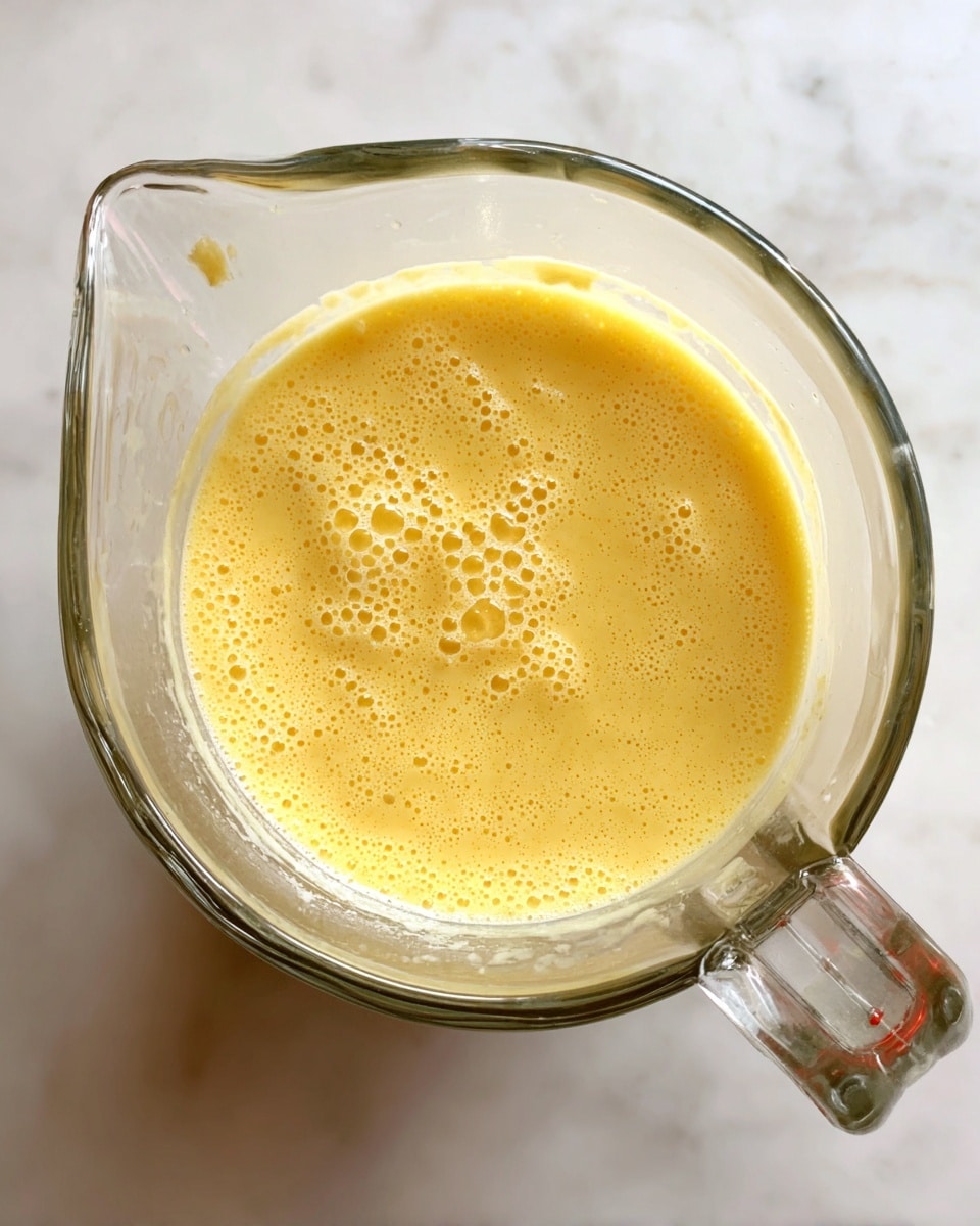 A thick, smooth yellow batter fills a clear glass measuring cup, about three-quarters full, with small bubbles scattered on the surface, showing its creamy texture. The measuring cup has a spout and a clear handle visible, resting on a white marbled surface. The batter's color is warm golden-yellow with a slightly glossy finish. Photo taken with an iphone --ar 4:5 --v 7