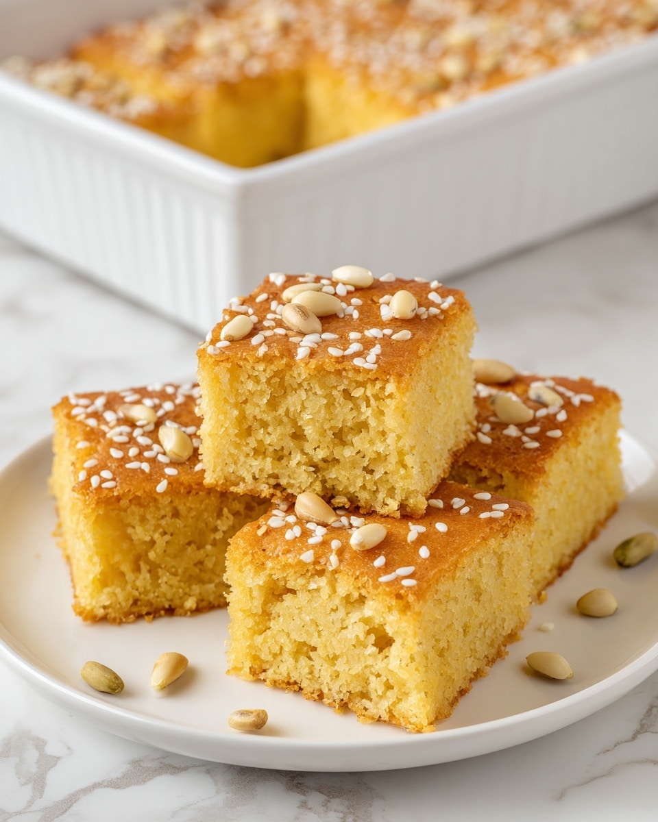 Four square pieces of golden yellow cake with a soft, crumbly texture are arranged on a white plate. The top layer of the cake is light brown and sprinkled evenly with white sesame seeds and whole pine nuts, giving a slightly bumpy look. In the background, there is a white rectangular baking dish with more of the same cake inside. The scene is set on a white marbled surface. Photo taken with an iphone --ar 4:5 --v 7