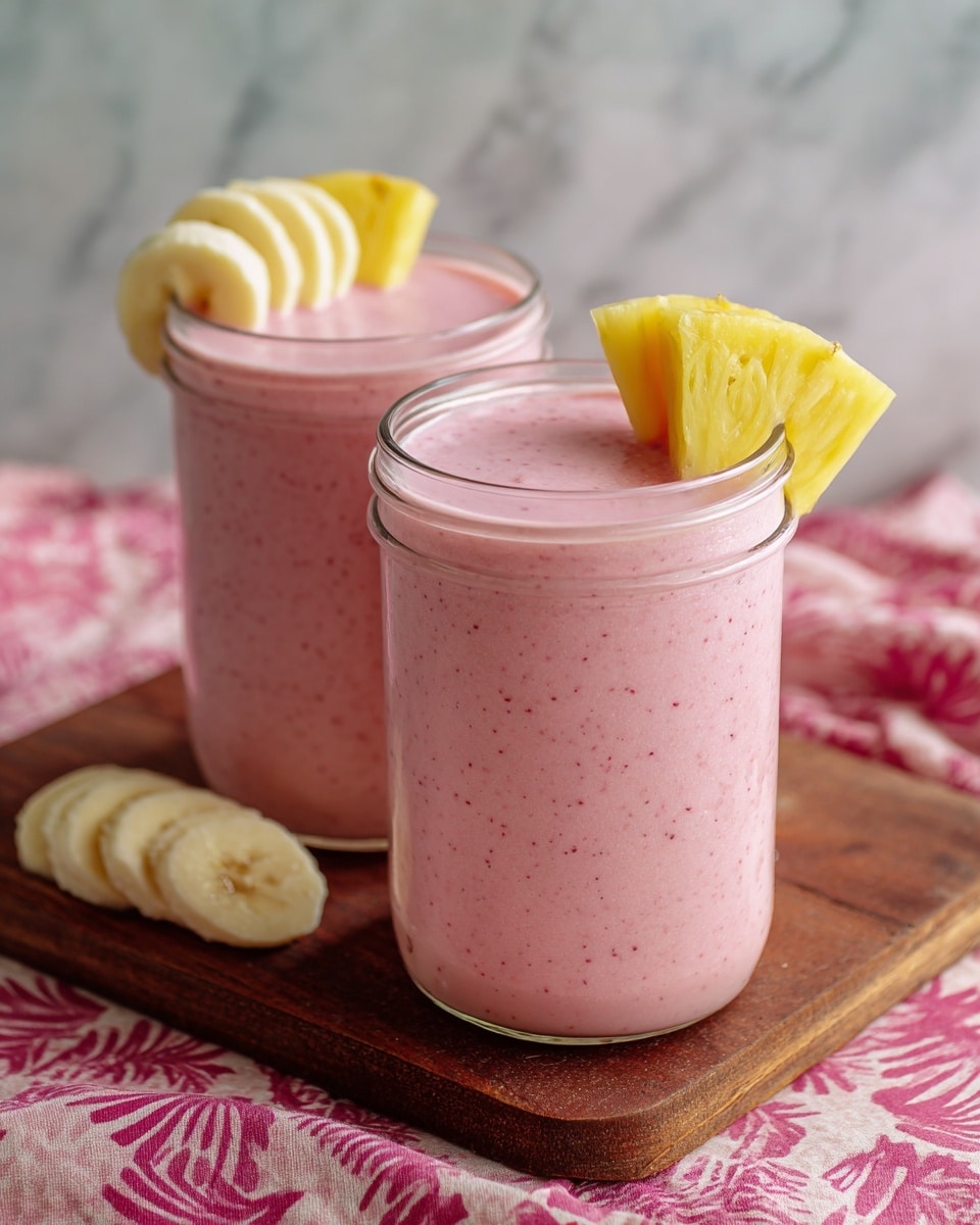 Two clear glass jars are filled almost to the top with a light pink smoothie that has tiny dark specks inside. Each jar has a small stack of sliced fruit on the rim: one banana slice and one piece of bright yellow pineapple. The jars sit on a dark wooden board, which rests on a pink and white patterned cloth. The background is a soft white marbled texture. photo taken with an iphone --ar 4:5 --v 7