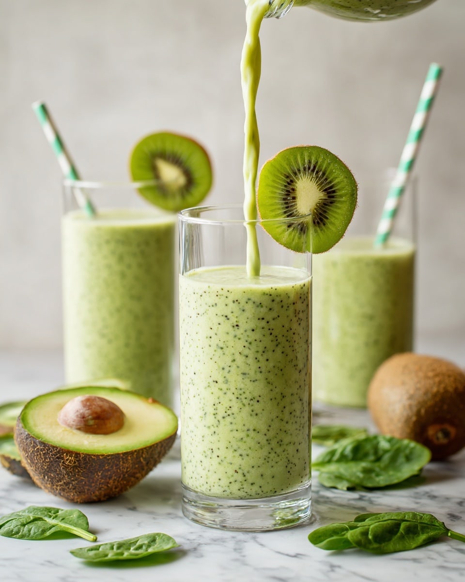 A clear tall glass is being filled with a thick, light green smoothie that has tiny darker green specs throughout. Behind it, there are two more matching glasses filled with the same smoothie, each decorated with a green kiwi slice on the rim and a striped straw inside. Around the glasses on a white marbled surface, there are whole and sliced kiwis showing a bright green interior with black seeds, a half avocado with a brown seed on one side, and fresh green spinach leaves. The background is light and softly blurred. photo taken with an iphone --ar 4:5 --v 7