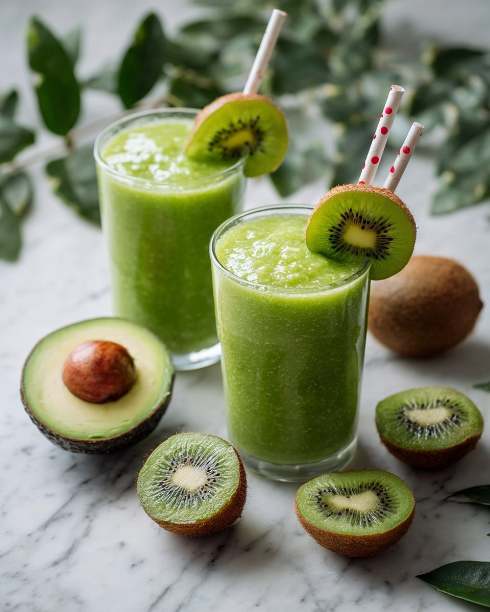 Two clear glasses are filled with a thick, bright green smoothie, each topped with a slice of kiwi fruit on the rim. One glass has two white straws with red stripes, resting inside the drink. Surrounding the glasses are whole and sliced kiwis, as well as a halved avocado with its brown seed visible. The scene is set on a white marbled surface with some green leaves spread around. photo taken with an iphone --ar 4:5 --v 7