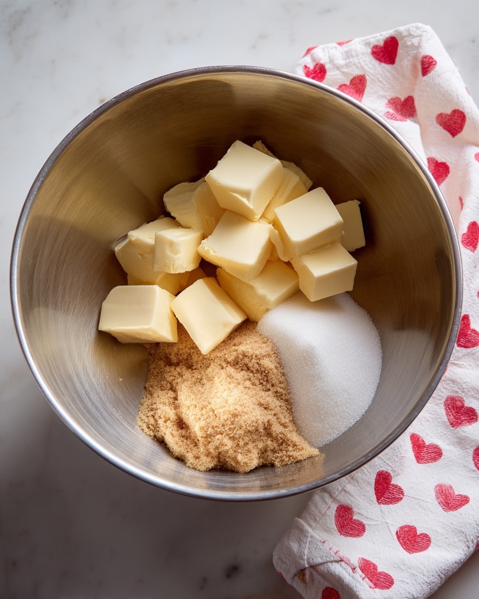 A large metal mixing bowl sits on a white marbled surface. Inside the bowl are three main ingredients: several small, light yellow cubes of butter placed together on one side, a small pile of light brown sugar with a fine texture, and a small pile of white granulated sugar, both positioned close to each other but separate from the butter. A white cloth with small red heart shapes is folded and partially visible near the top right of the bowl. The lighting is natural, showing the smooth textures and colors of the ingredients clearly. photo taken with an iphone --ar 4:5 --v 7