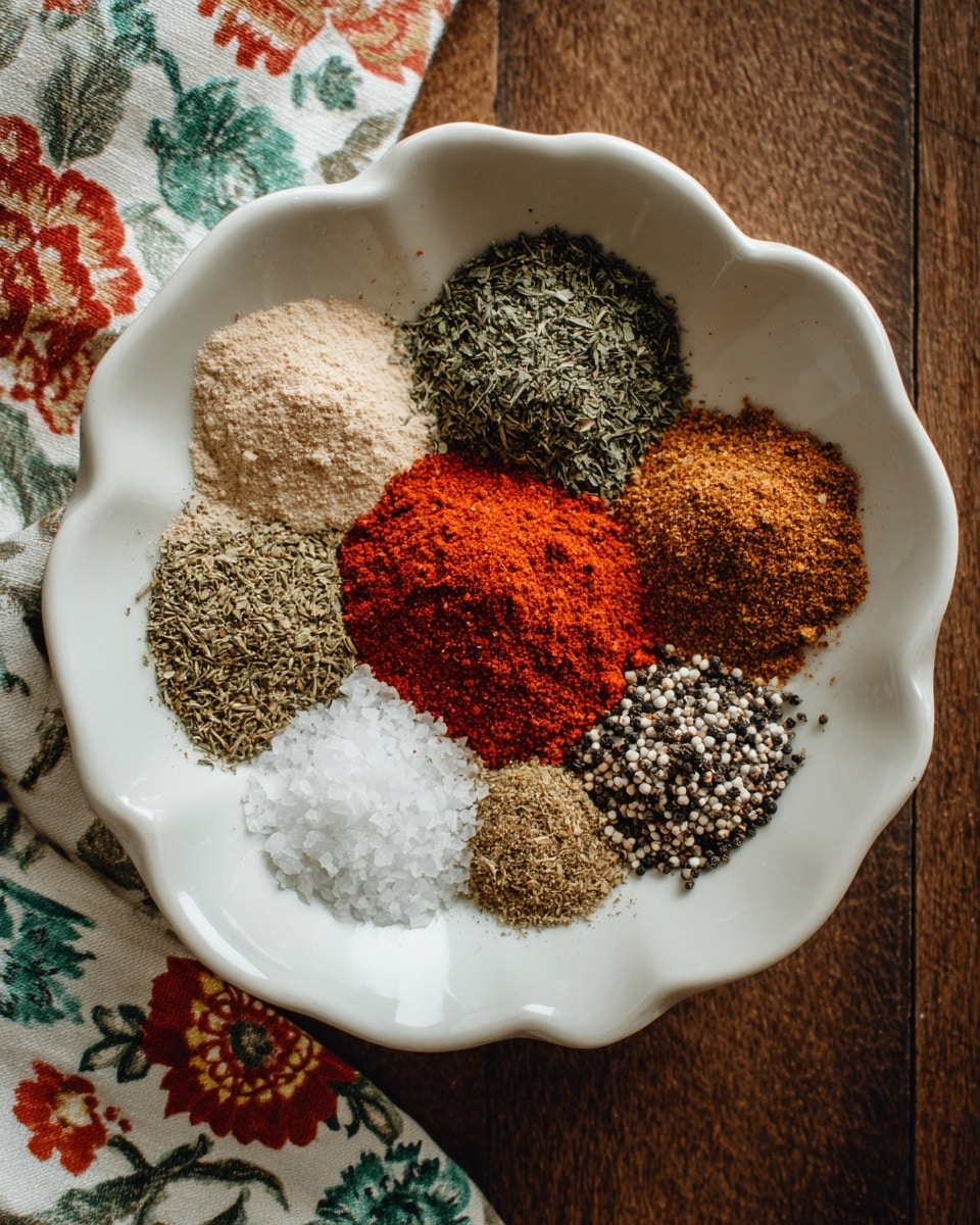 A white bowl holds seven small piles of spices arranged in a flower shape with one pile in the center and six surrounding it. The center is a bright red spice powder. The top left pile is a light beige powder, above is a green dried herb, and to the right a mix of black and white coarse pepper. To the bottom right is a light brown granular spice, and left middle is a mix of dried green herbs. The bottom left contains coarse white salt. The bowl rests on a wooden surface with a floral cloth on the left side. The photo taken with an iphone --ar 4:5 --v 7