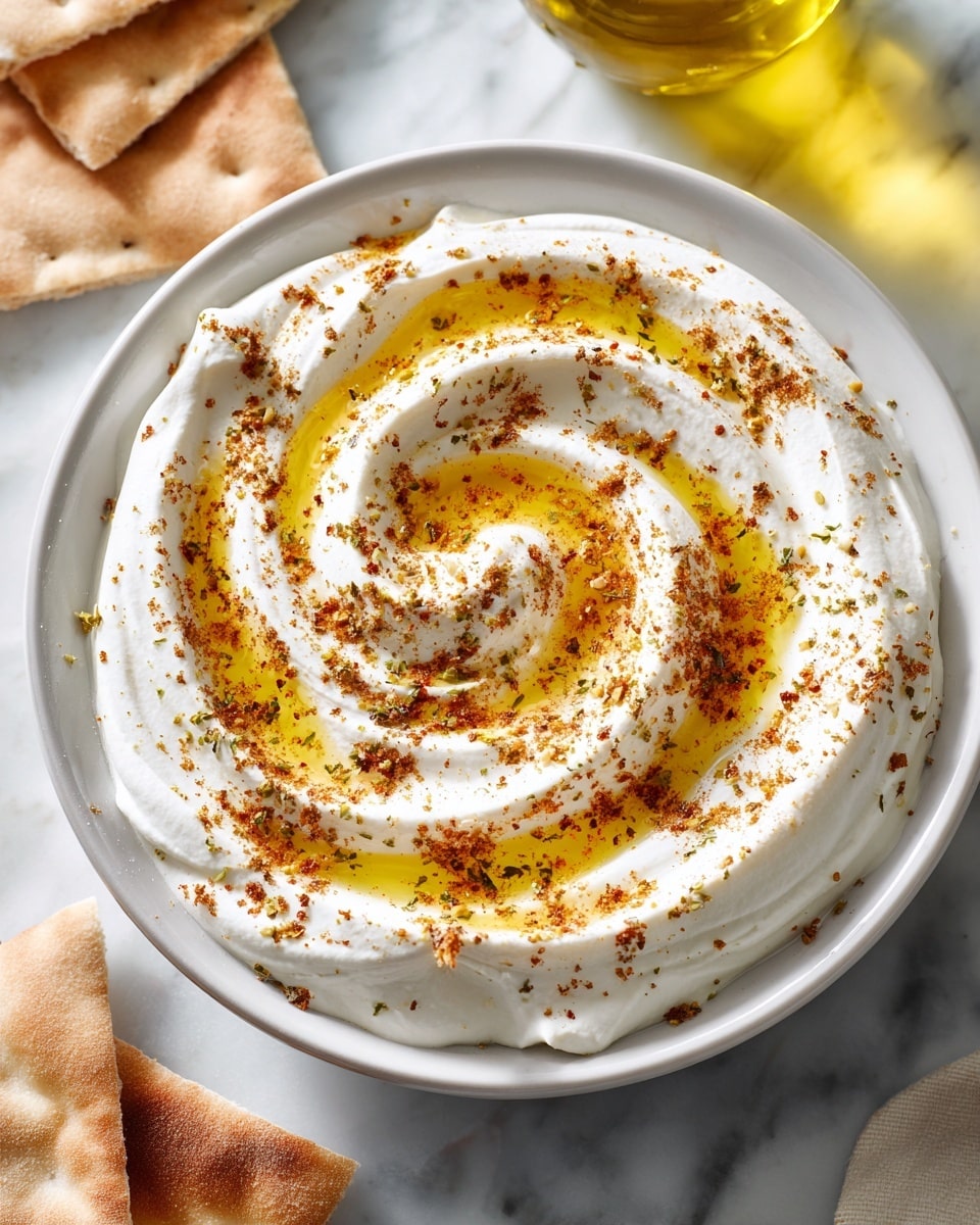 A white bowl filled with a thick layer of smooth, white creamy dip spread evenly across the bottom. On top of the dip, there is a swirl of golden yellow olive oil spread in a circular motion near the center. Light brown crushed spicy seasoning is sprinkled evenly over the top, adding texture and color contrast. The bowl is set on a white marbled surface with a piece of light brown pita bread and a bottle of olive oil blurred in the background. Photo taken with an iphone --ar 4:5 --v 7