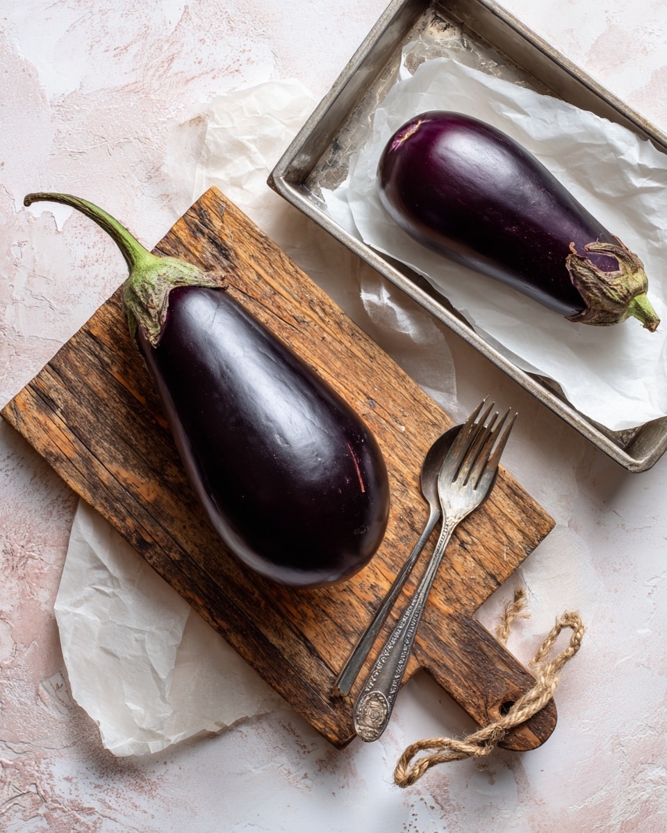 The image shows one whole dark purple eggplant placed on a wooden cutting board with a rustic texture and a silver fork lying next to it on the right side. In the top right corner, there is another whole dark purple eggplant resting on white baking paper inside a silver baking tray, which is on a rough wooden board. The background is a white marbled surface with a soft pink tint. The wooden cutting board has a small rope handle on the bottom right side. Photo taken with an iphone --ar 4:5 --v 7