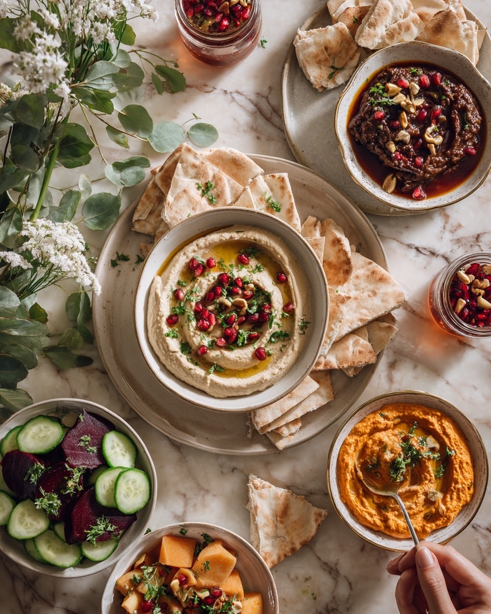 A spread of dishes arranged on a white marbled surface includes a white bowl in the center filled with thick beige hummus topped with scattered green parsley leaves and red pomegranate seeds with a drizzle of oil, placed on a beige plate with pita bread around it; at the top right, a white bowl with a golden rim holds a chunky dark red sauce, with cucumber slices and pita bread underneath it; to the right, a bowl of bright orange dip garnished with fresh green herbs and pomegranate seeds; another similar bowl with orange dip and garnished with herbs lies to the bottom left; top left has a white bowl with thin slices of dark purple beets and green cucumber rounds sprinkled with green herbs and chopped nuts; there are white flowers and fresh green leaves scattered on the surface with small glass jars of red sauce nearby and a woman's hand holding a spoon resting in a bowl of cubed orange carrot salad. photo taken with an iphone --ar 4:5 --v 7