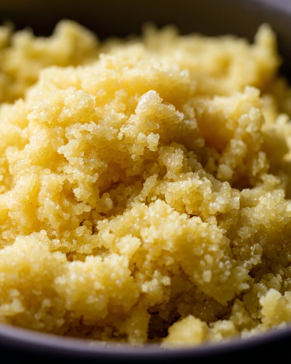 The image shows a close-up of a pot filled with cooked yellow grains that appear soft and sticky. The grains are light yellow with a shiny and slightly wet texture, clustered together in uneven clumps, giving a fluffy but moist look. The pot’s sides are dark, contrasting with the bright color of the grains inside. The yellow grains fill most of the pot's visible area, with some small chunks and rough surfaces visible among the smoother parts. The photo was taken with an iphone --ar 4:5 --v 7
