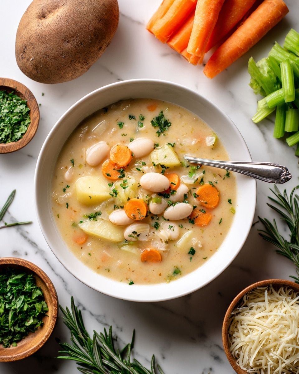 A white bowl filled with thick soup showing three main layers: the bottom layer is a creamy light beige broth; the middle layer contains soft white beans and small white potato chunks scattered evenly; the top layer has thin, round orange carrot slices and green herbs sprinkled around for garnish. A silver spoon rests in the bowl, partly submerged in the soup. Surrounding the bowl on a white marbled surface are whole raw ingredients: a brown potato on the left, three peeled orange carrot sticks above, fresh green parsley on the upper right, a small wooden bowl of chopped green herbs, three green celery stalks, sprigs of fresh rosemary on the bottom left, and a small wooden bowl filled with shredded white cheese at the bottom right. photo taken with an iphone --ar 4:5 --v 7