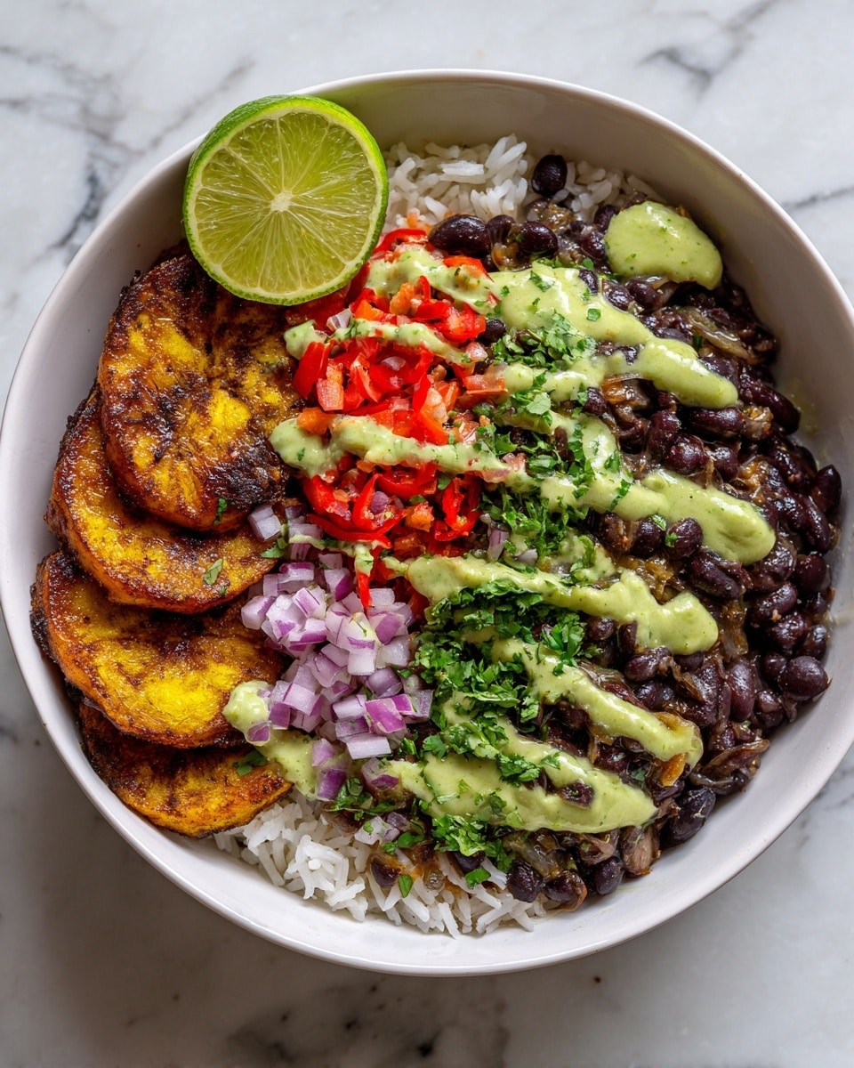 A white bowl filled with three main layers: at the bottom is white rice, topped with a layer of cooked black beans mixed with small pieces of onion and spices, then a creamy green sauce drizzled in strips over the beans. On one side of the bowl, there are golden-brown fried plantain slices with a dollop of the green sauce on top. Garnishing the dish are chopped red bell peppers, finely diced red onion, chopped green herbs, and fresh cilantro leaves placed near the front edge. A wedge of lime sits at the back of the bowl. The bowl is set on a surface with a white marbled texture. photo taken with an iphone --ar 4:5 --v 7