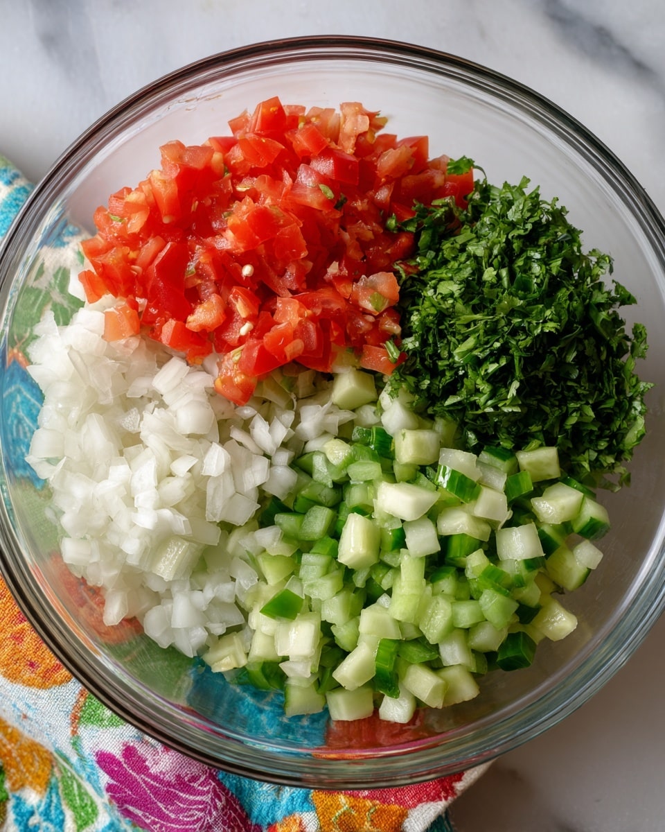 A clear glass bowl holds a colorful mix of finely chopped vegetables arranged in separate sections. At the top right, there is a dark green layer of chopped cilantro. Next to it on the right side, there is a pale green layer of diced cucumber. Below the cucumber, there are small bits of green bell pepper. The bottom left side has a layer of finely chopped white onion, with bits of green jalapeño pepper scattered on top. At the top left, finely chopped red tomatoes complete the group of layers. The bowl sits on a white marbled surface with a subtle colorful cloth visible underneath. photo taken with an iphone --ar 4:5 --v 7