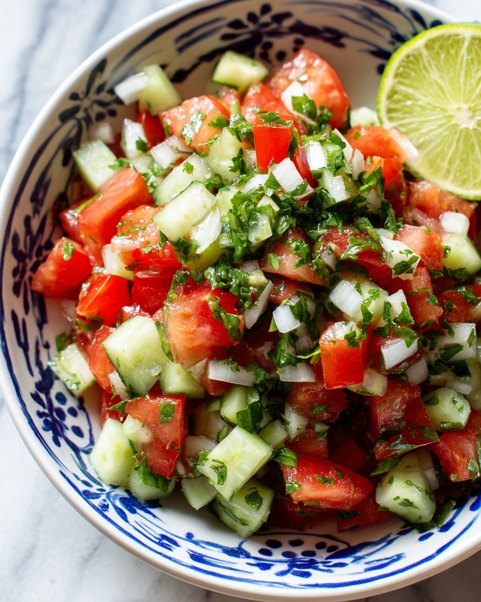 A close-up of a fresh salsa made of one layer of diced tomatoes, light green cucumbers, white onions, and small bright green chopped cilantro pieces mixed well on a white bowl with blue decorative patterns. In the background, a lime wedge is partly visible. The colors are bright and the textures are crisp, with small cubes and bits making a colorful and fresh mix, all placed on a white marbled surface. Photo taken with an iphone --ar 4:5 --v 7