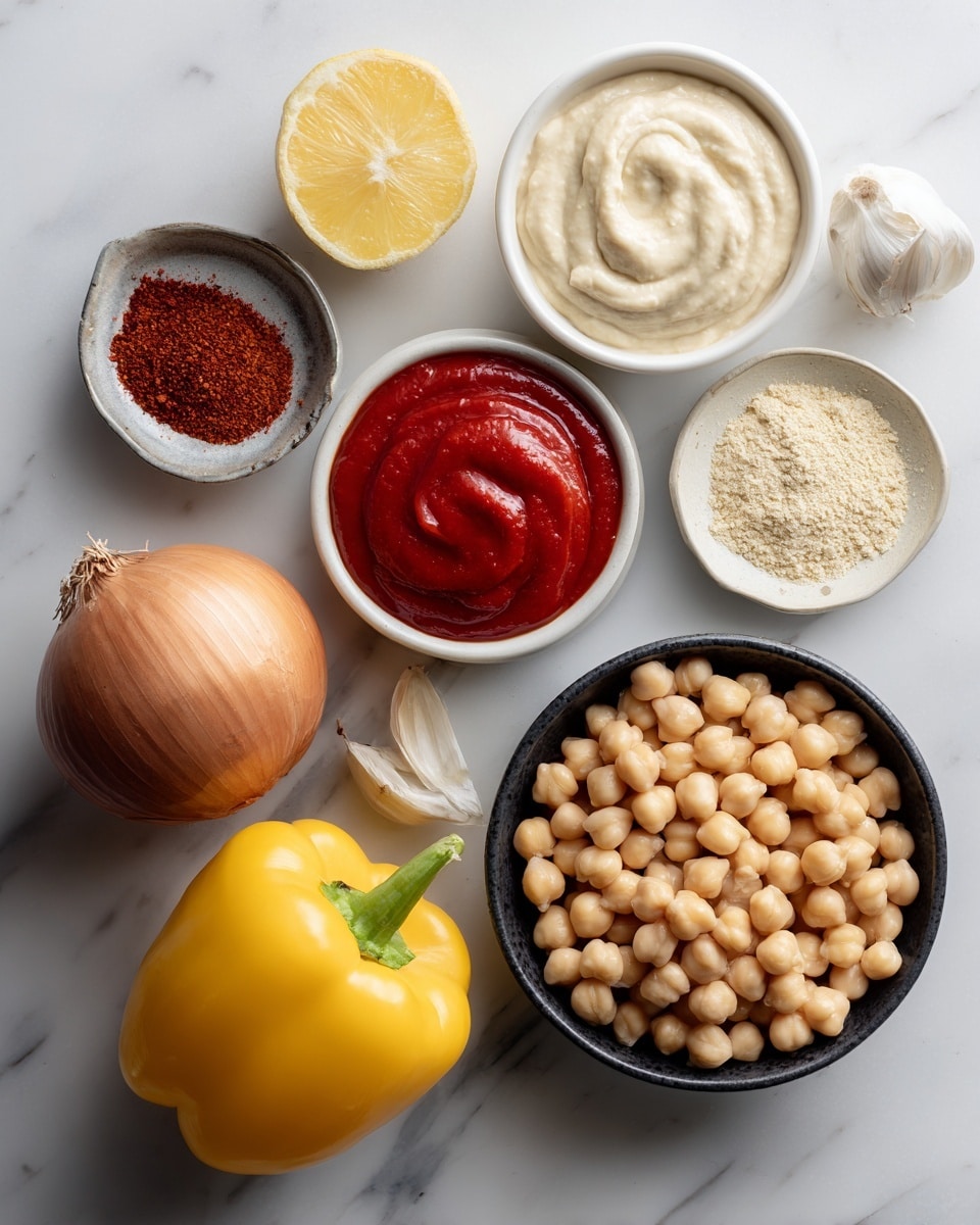 A top-down view of various ingredients arranged neatly on a white marbled surface, including a white bowl filled with beige tahini sauce, another white bowl with bright red hot sauce, a small white bowl with red and brown powders, a black bowl containing a creamy white sauce, a whole red onion, a bright yellow lemon, a large yellow bell pepper, a white bowl filled with light beige chickpeas, and a small clove of garlic near the lemon, all showing vibrant colors and smooth to slightly rough textures photo taken with an iphone --ar 4:5 --v 7