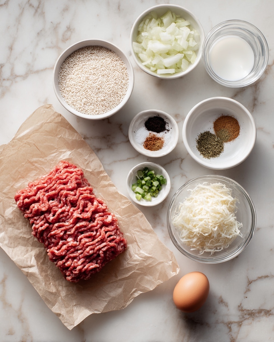 A white marbled surface holds a rectangular piece of raw ground meat placed on light brown crumpled paper in the lower left. To the upper right, there are five separate bowls: a white bowl filled with small white grains, a white bowl with chopped white onions, a small white bowl holding mixed spices in distinct sections including black, green, and light brown powders, a clear glass bowl with white grated cheese, and a clear glass cup filled with white liquid. In the middle right, there is a single brown egg placed directly on the marbled surface. The arrangement is neat with each ingredient visible from above photo taken with an iphone --ar 4:5 --v 7