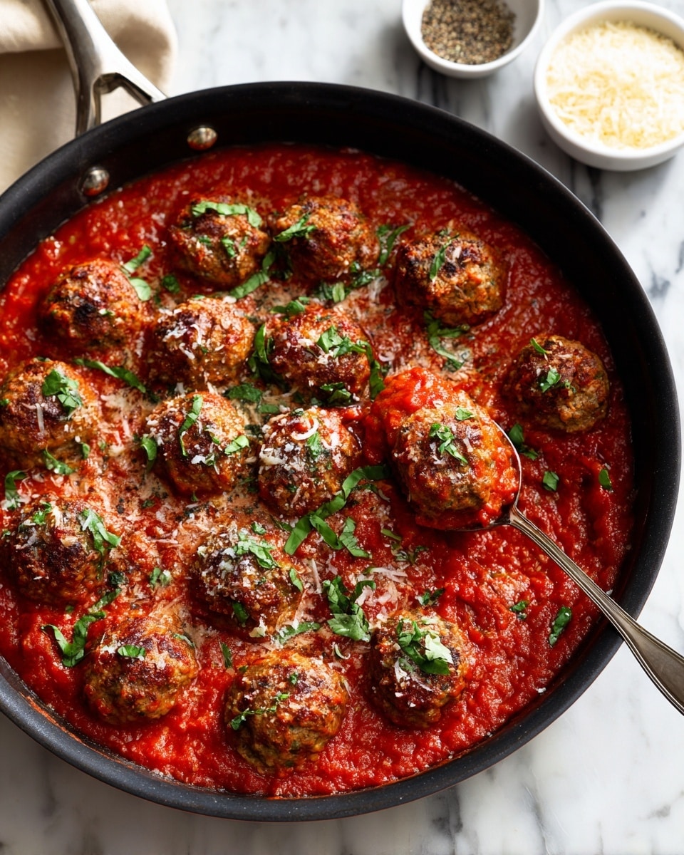 A black pan filled with a layer of thick, bright red tomato sauce, topped with two layers of round meatballs evenly spaced across the pan. The meatballs are brown with a slightly rough texture and are covered with bits of green shredded basil leaves and light-colored grated cheese sprinkled on top. A silver spoon is scooping one meatball from the right side. The pan is placed on a white marbled surface with small white bowls containing grated cheese and pepper in the background. Photo taken with an iphone --ar 4:5 --v 7