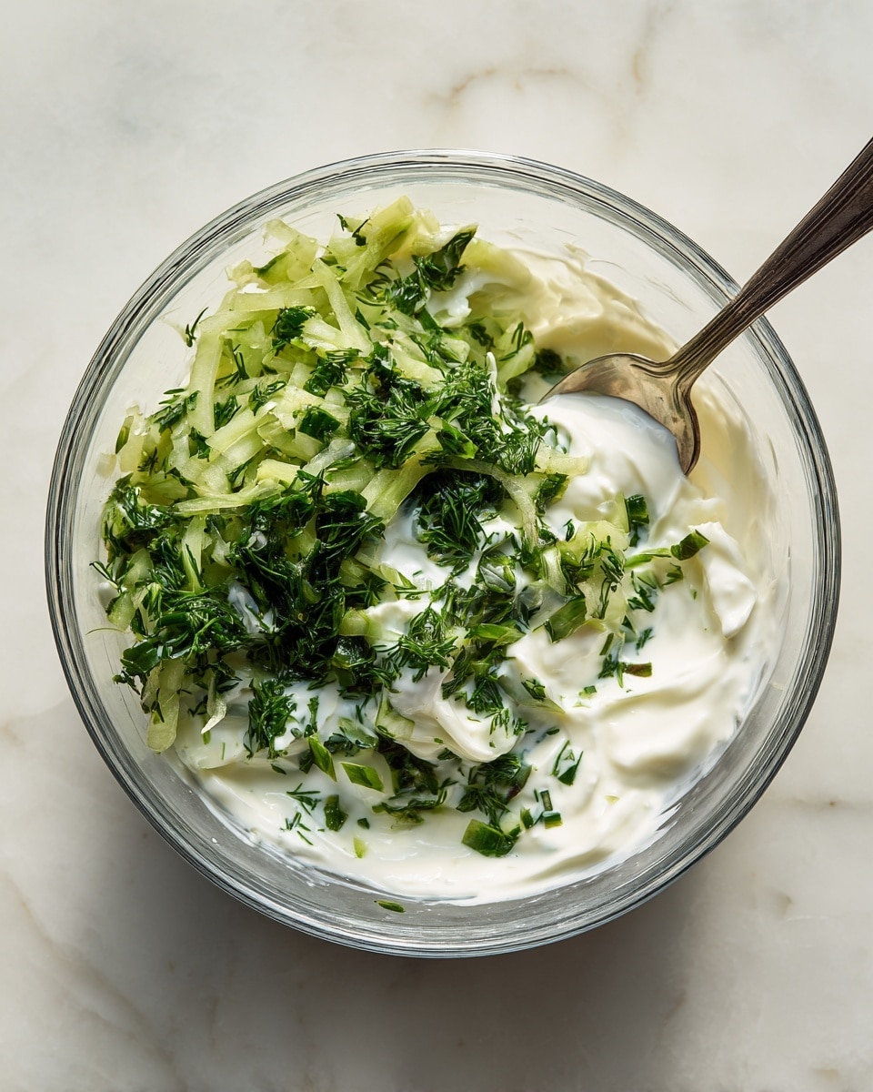 A clear glass bowl placed on a white marbled surface holds a mixture of creamy white yogurt at the bottom, with finely chopped bright green herbs like parsley and dill layered on top along with shredded pale green cucumber pieces on the left side. A metal spoon is partially inserted in the mixture, showing some blending of the layers. Small herb pieces are scattered slightly on the inside sides of the bowl. Photo taken with an iphone --ar 4:5 --v 7