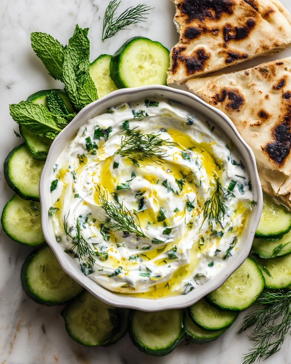 A white scalloped bowl filled with a creamy white yogurt sauce mixed with small green herb pieces, topped with a swirl of golden olive oil, bright green mint leaves, and dill sprigs; the bowl is surrounded by a ring of fresh green cucumber slices on a white marbled surface, with two triangular pieces of flatbread showing char marks placed behind the bowl, along with more dill sprigs on the side; photo taken with an iphone --ar 4:5 --v 7