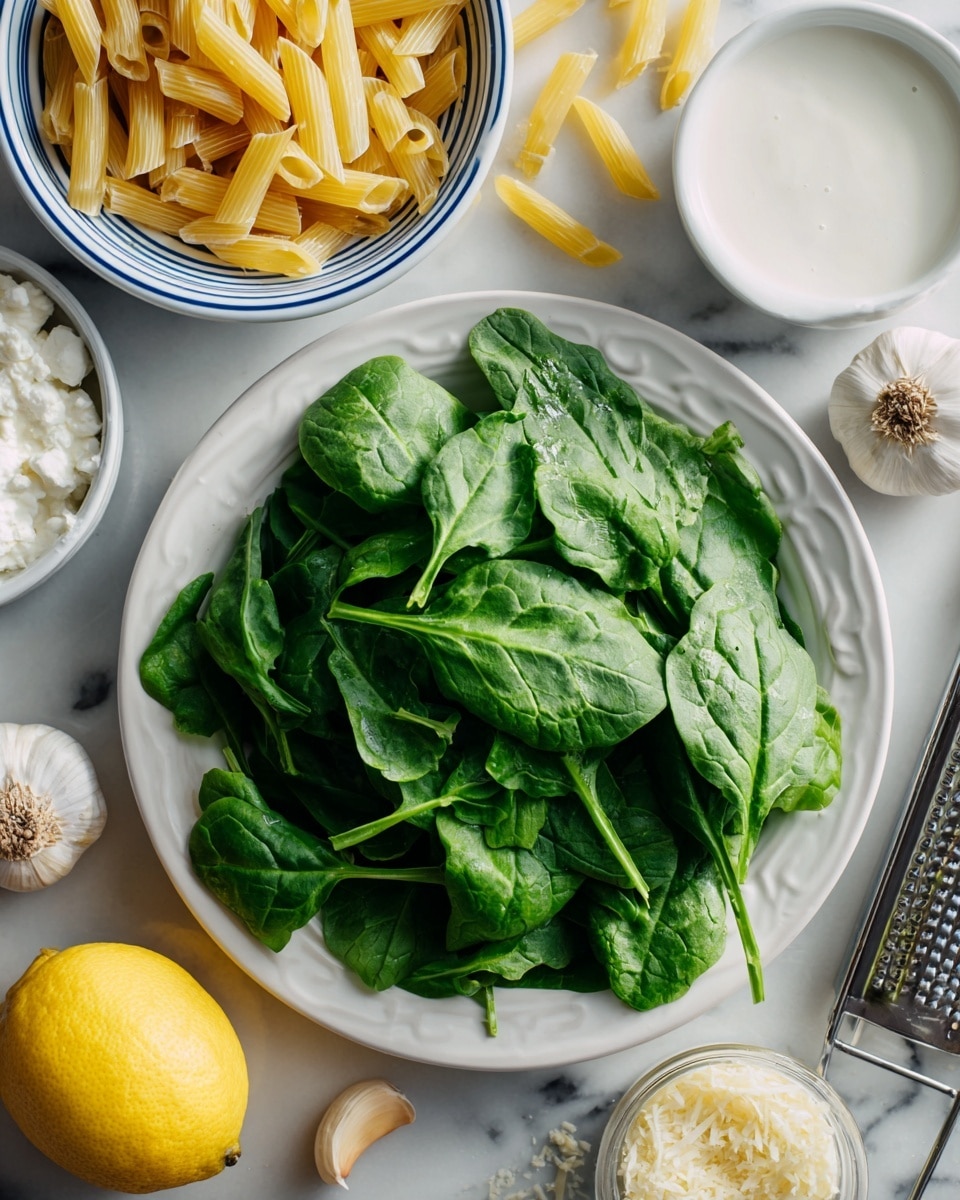 A top view of fresh cooking ingredients arranged on a white marbled surface. In the center is a white plate filled with bright green fresh spinach leaves. To the top left is a white bowl with blue stripes filled with uncooked yellow penne pasta, with some pieces spilled on the surface. To the top right is a small white bowl containing a smooth white liquid. Below the spinach plate, on the left, is a container of white ricotta cheese, and below it is a bright yellow lemon placed on a metal grater. To the bottom right is a small container of grated cheese. A whole garlic bulb with one clove separated lies near the bottom center. The textures are natural and fresh, with rustic lighting. photo taken with an iphone --ar 4:5 --v 7
