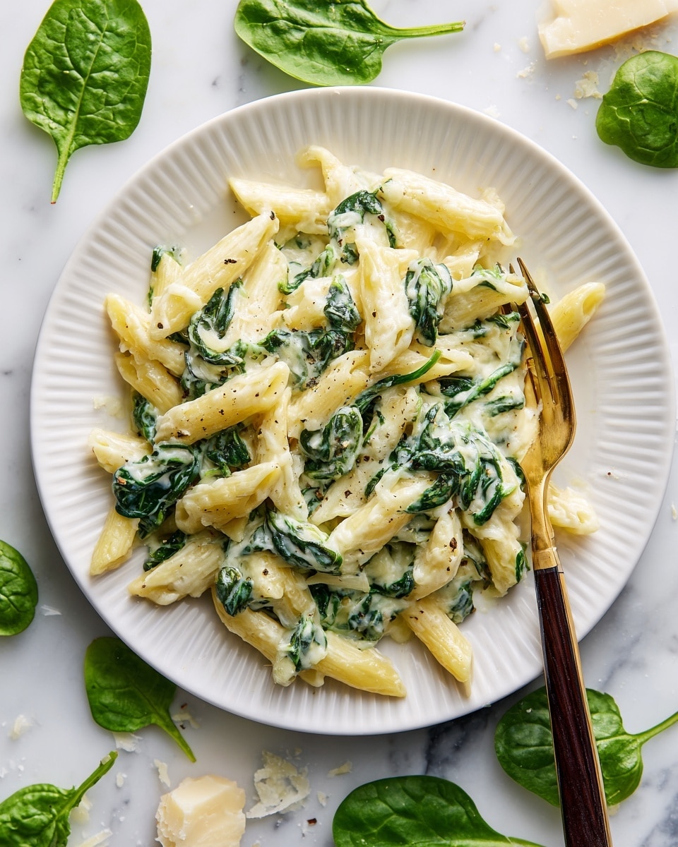 A white plate with ridged edges holds a creamy pasta dish made of light yellow penne pasta mixed with bright green spinach leaves. The penne is well coated in a thick white sauce that covers most of the pasta and spinach in a smooth, rich layer. A gold and dark wood fork rests inside the plate, partially buried in the pasta. Around the plate on a white marbled surface are scattered fresh spinach leaves and some white grated cheese. The scene is brightly lit and looks fresh and appetizing photo taken with an iphone --ar 4:5 --v 7