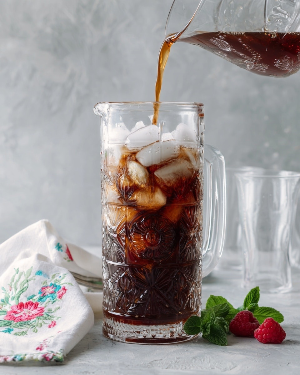 A clear glass pitcher with an ornate pattern holds dark iced tea filled with white ice cubes in the bottom two-thirds. A lighter tea is being poured from a glass container into the pitcher’s top third, showing a contrast between the two layers of liquid. The pitcher sits on a gray textured surface with two small raspberries and fresh mint leaves near its base on the right side. On the left side, a white cloth napkin with colorful floral stitching is partially visible. Behind the pitcher, two empty clear glasses stand side by side on the same surface. The background is a soft, light gray with a subtle, smooth texture. Photo taken with an iphone --ar 4:5 --v 7