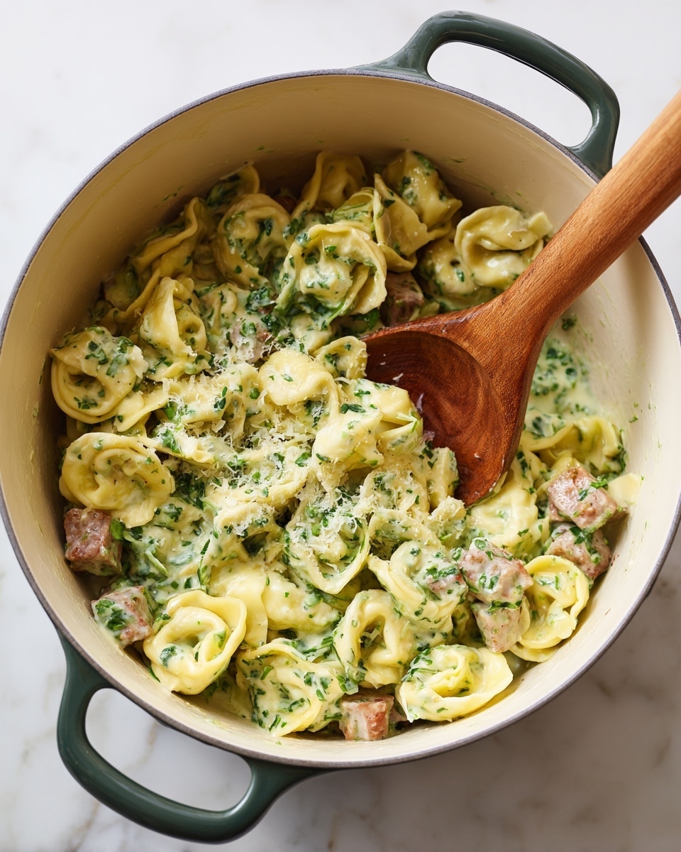 A white pot filled with two-layered tortellini pasta coated in a light green creamy sauce, mostly light yellow with some green pasta pieces, mixed with small brown cubes of cooked meat. A wooden spoon rests inside the pot, scooping up pasta. The pot handles are dark green and placed on a white marbled surface photo taken with an iphone --ar 4:5 --v 7