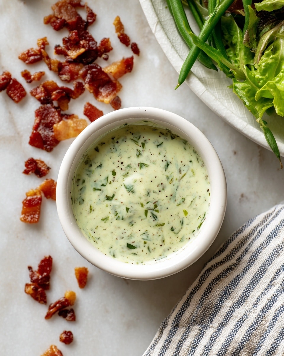 The image shows a close-up of a small white bowl filled with a creamy green dressing with specks of herbs throughout, positioned on a white marbled surface. Next to the bowl, there is a scatter of crispy bacon bits in various small chunks and reddish-brown colors. On the right side of the image, part of a white plate is visible with fresh green leafy lettuce and some green beans. A striped cloth napkin peeks in from the bottom right corner. The overall setting is clean and bright. photo taken with an iphone --ar 4:5 --v 7