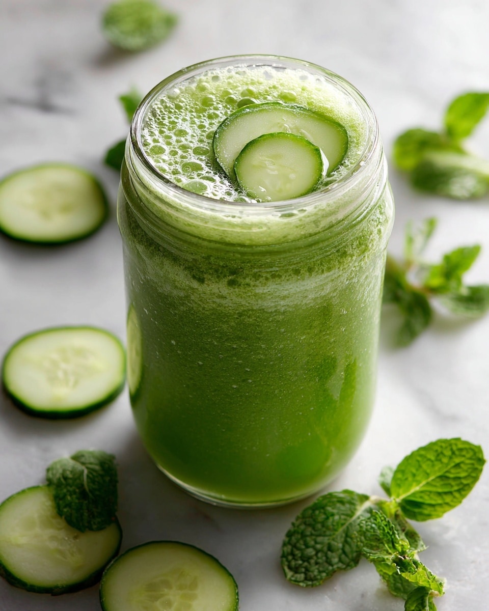 A clear glass jar filled with a thick, bright green smoothie that has a slightly frothy texture on top with small bubbles. Inside the jar, there are thin cucumber slices pressed against the glass giving a fresh look. The jar sits on a white marbled surface scattered with cucumber slices and green mint leaves around it, enhancing the fresh and healthy vibe of the drink. photo taken with an iphone --ar 4:5 --v 7