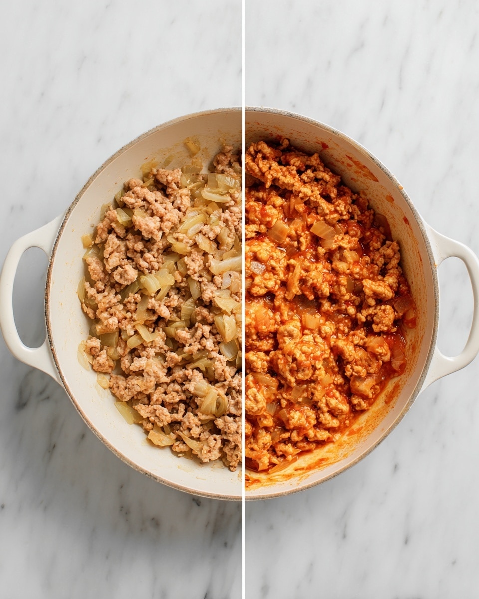 The image shows a white pot placed on a white marbled surface with two side-by-side views. On the left, the pot contains light beige cooked ground meat mixed with some translucent sautéed onions, giving a soft and mild texture. On the right, the same pot has the meat now coated in a reddish-orange sauce, making the mixture look thicker and more richly colored, with the onions still visible but blending more into the sauce, creating a layered effect of soft meat and juicy sauce. Photo taken with an iphone --ar 4:5 --v 7