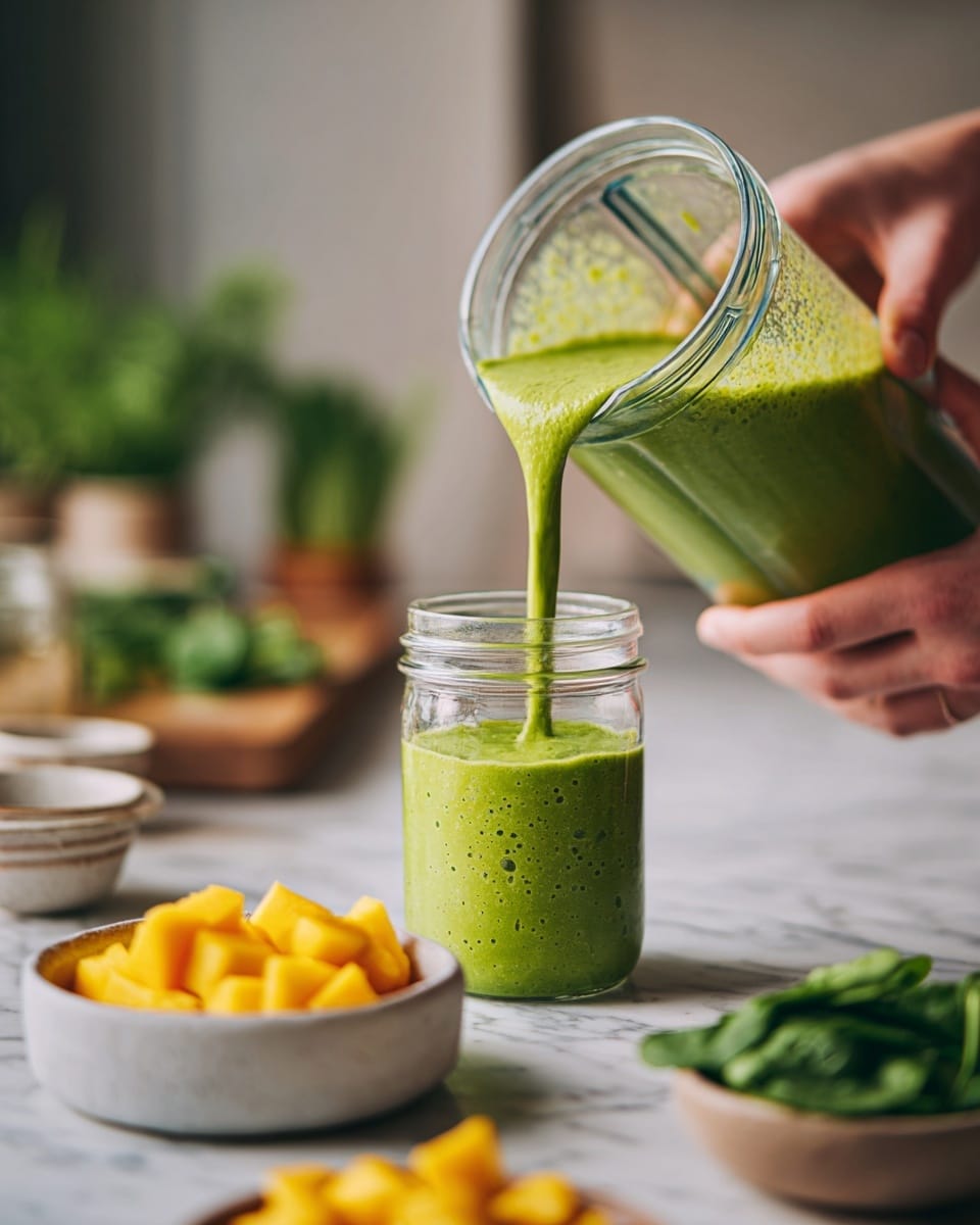 A woman's hand is holding a clear blender jar tilted down, pouring a thick, bright green smoothie with a slightly bubbly texture into a glass jar held by another woman's hand below. In the background, there are three white bowls on a white marbled surface: one filled with chopped yellow fruit, another with diced orange fruit, and the third with fresh green spinach leaves. There are also green herbs and blurred kitchen items around, giving a fresh and natural kitchen setting. photo taken with an iphone --ar 4:5 --v 7