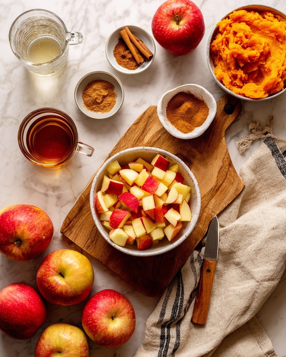 A top view shows a wooden cutting board on a white marbled surface with a small white bowl filled with chopped red and yellow apples in the center. A small knife with a wooden handle lies next to the bowl. Around the board, there are whole red apples with greenish-yellow patches. Nearby, a white bowl holds an orange mashed mixture, likely pumpkin or sweet potato puree. Two small white dishes contain spices, one with cinnamon and another with a brown powder, and a glass bowl has a dark amber liquid, possibly syrup. A clear glass mug filled with water and a beige cloth with dark stripes finish the scene. Photo taken with an iphone --ar 4:5 --v 7