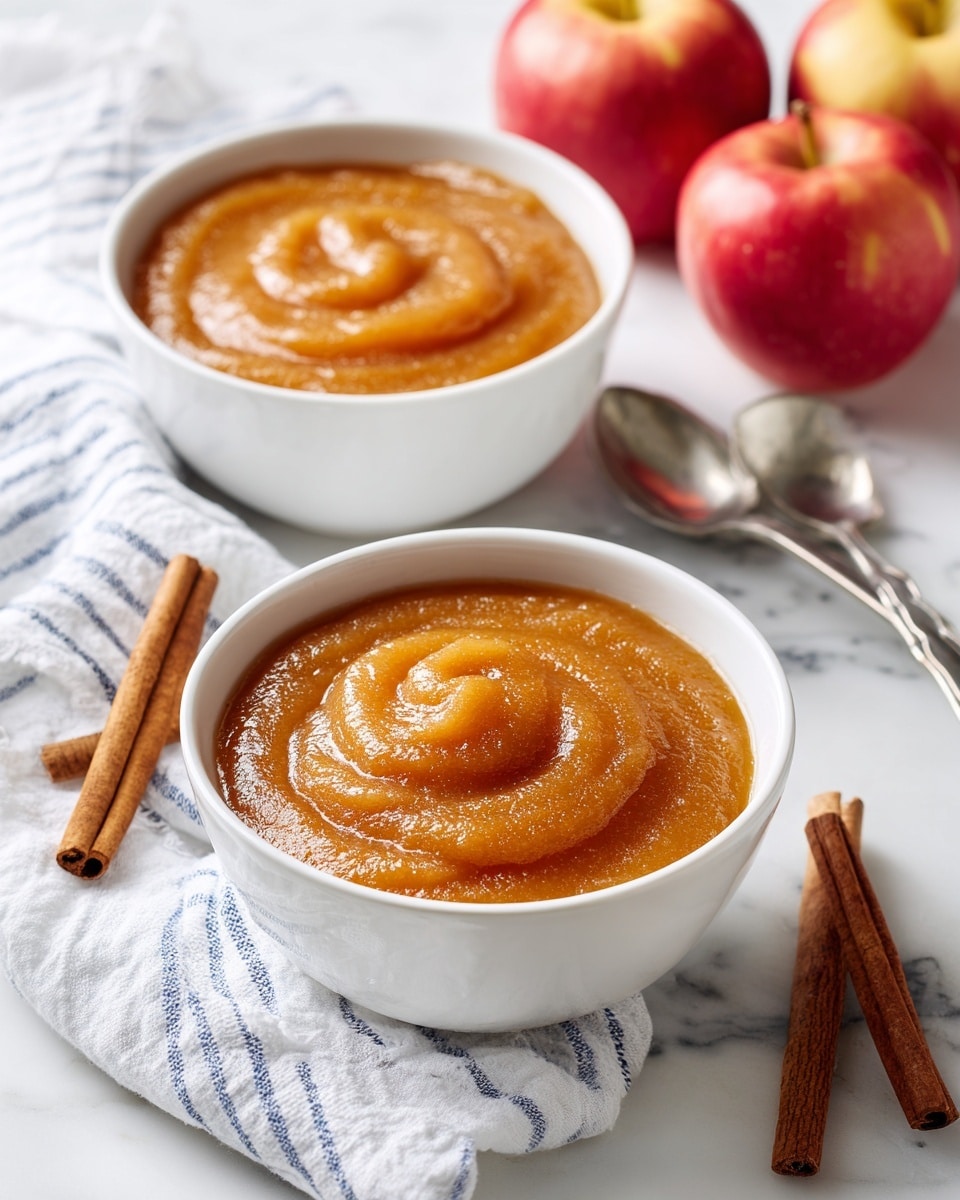 Two white bowls filled with smooth, orange-brown applesauce are placed on a white marbled surface. The applesauce looks thick and slightly textured with soft swirls on top. Two cinnamon sticks lie next to the front bowl, while bright red apples are scattered near the back. A white cloth with blue stripes is folded behind the front bowl, next to two silver spoons. The scene is bright and clean, showing a cozy and fresh arrangement. photo taken with an iphone --ar 4:5 --v 7